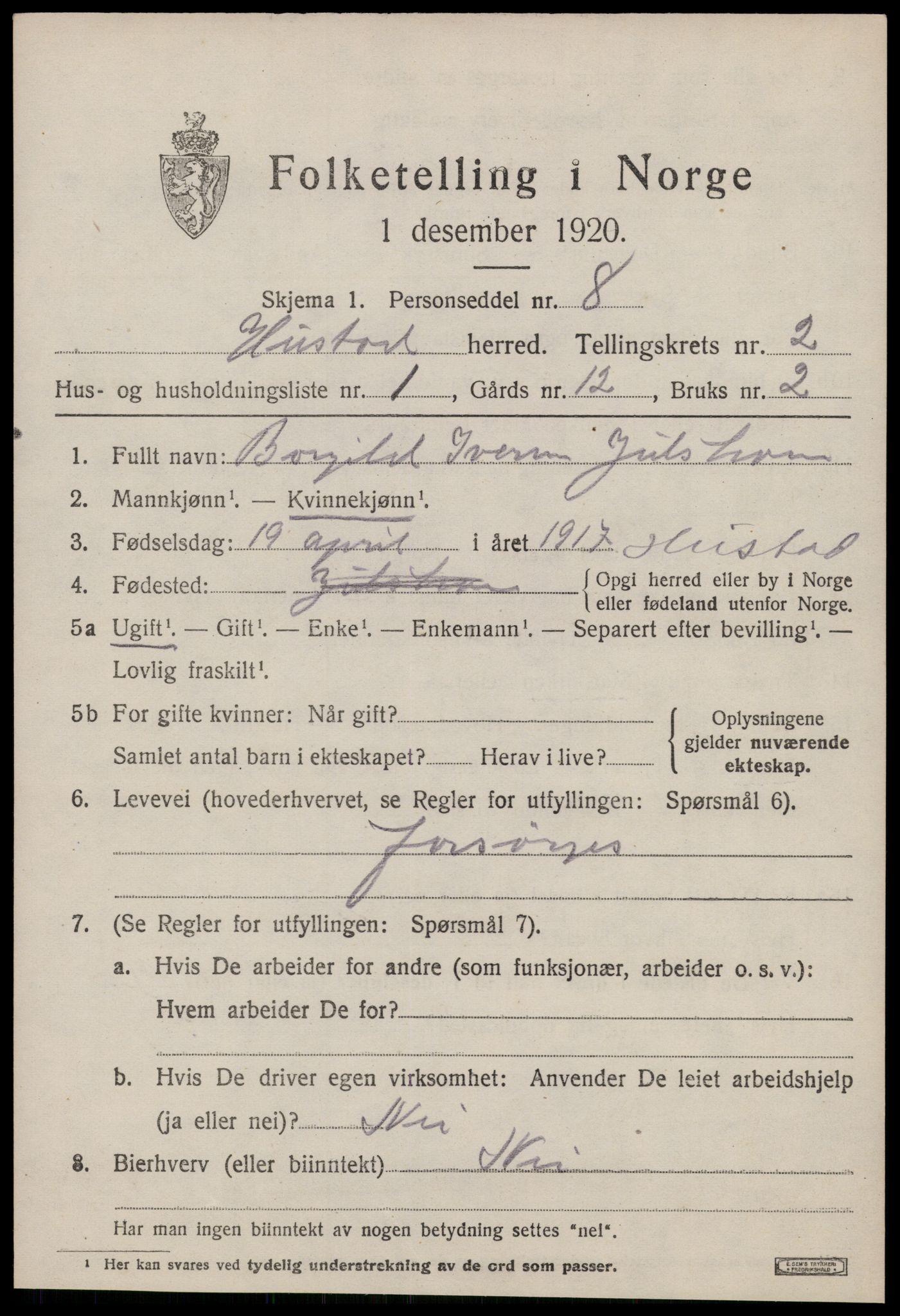 SAT, 1920 census for Hustad, 1920, p. 1533
