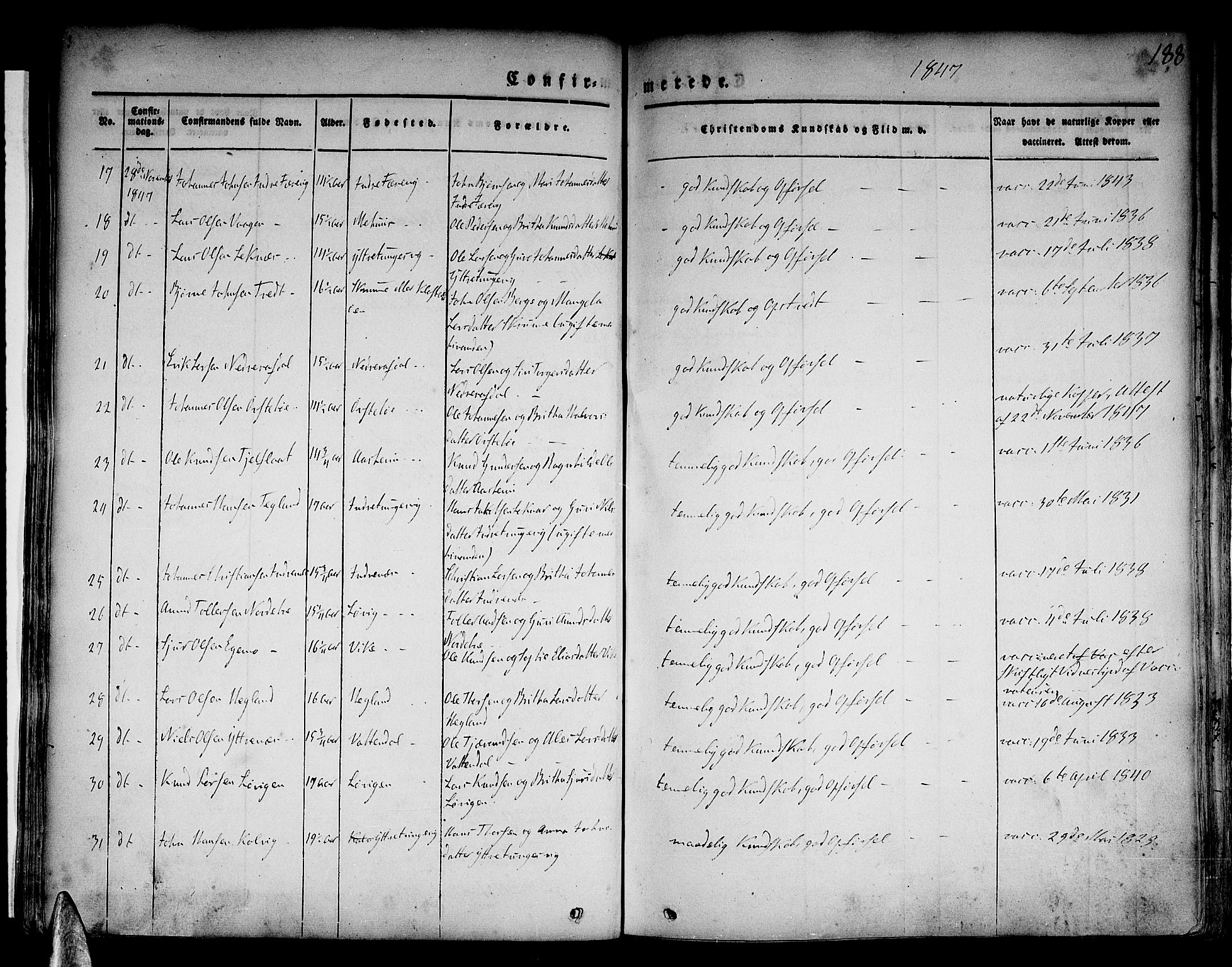 Skånevik sokneprestembete, AV/SAB-A-77801/H/Haa: Parish register (official) no. A 4, 1828-1848, p. 188