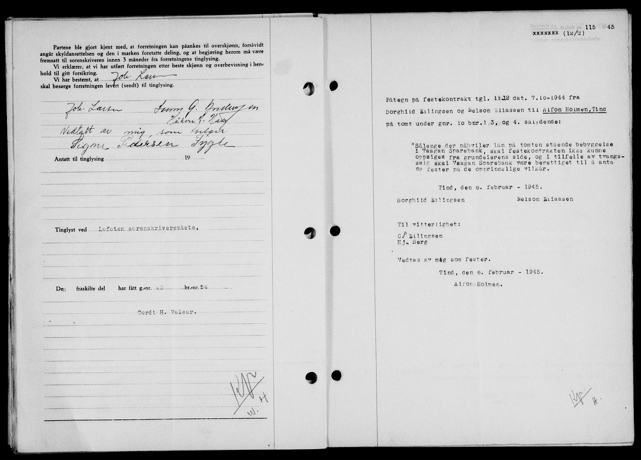 Lofoten sorenskriveri, SAT/A-0017/1/2/2C/L0013a: Mortgage book no. 13a, 1944-1946, Diary no: : 115/1945