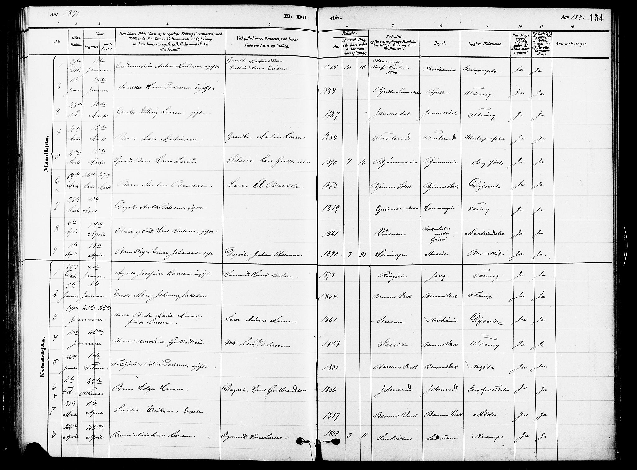 Asker prestekontor Kirkebøker, SAO/A-10256a/F/Fb/L0001: Parish register (official) no. II 1, 1879-1895, p. 154