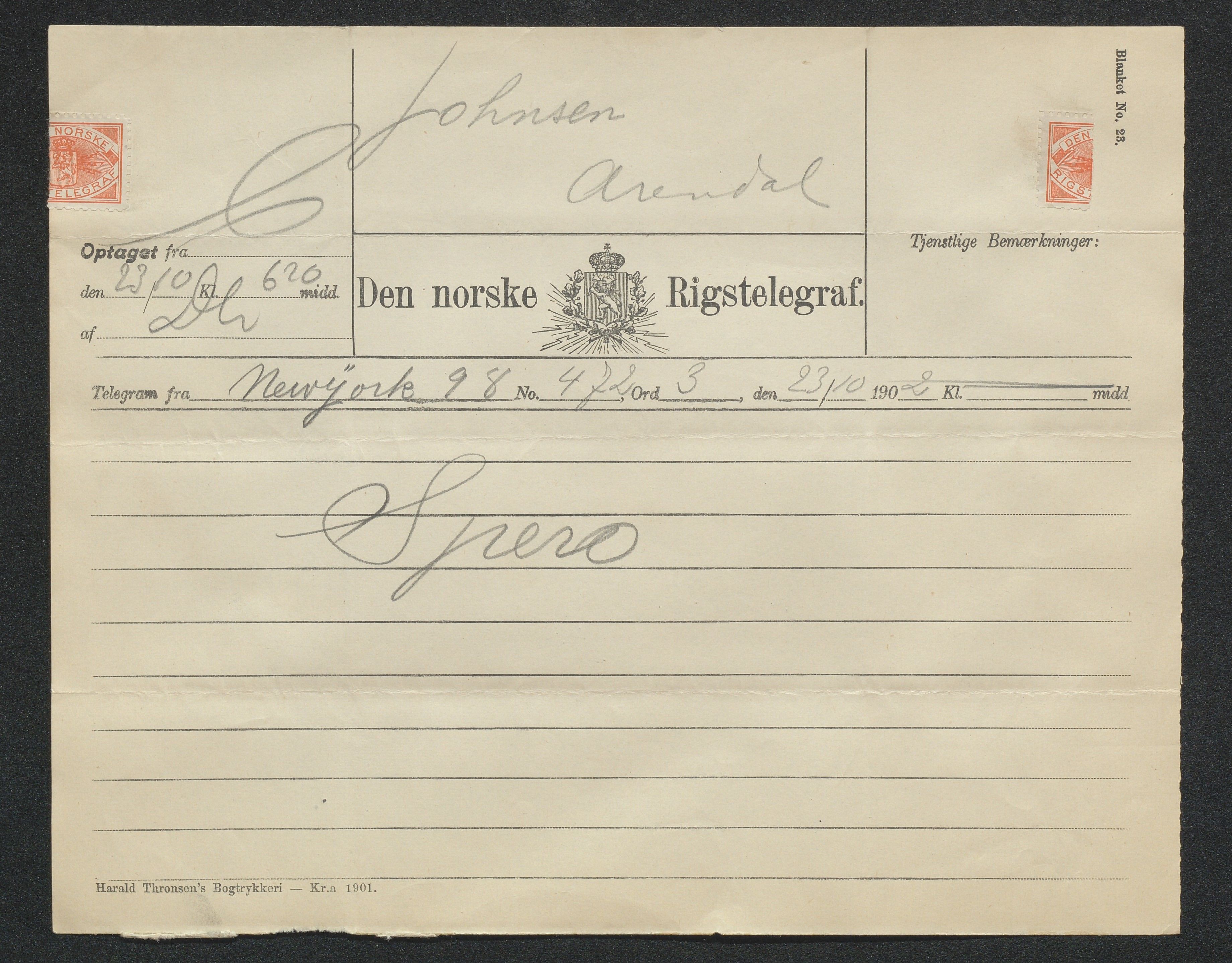 Arendals Dampskibsselskab (ADS), AAKS/PA-1716/1/15/L0018: Skipspapirer D/S Spero, 1898-1904