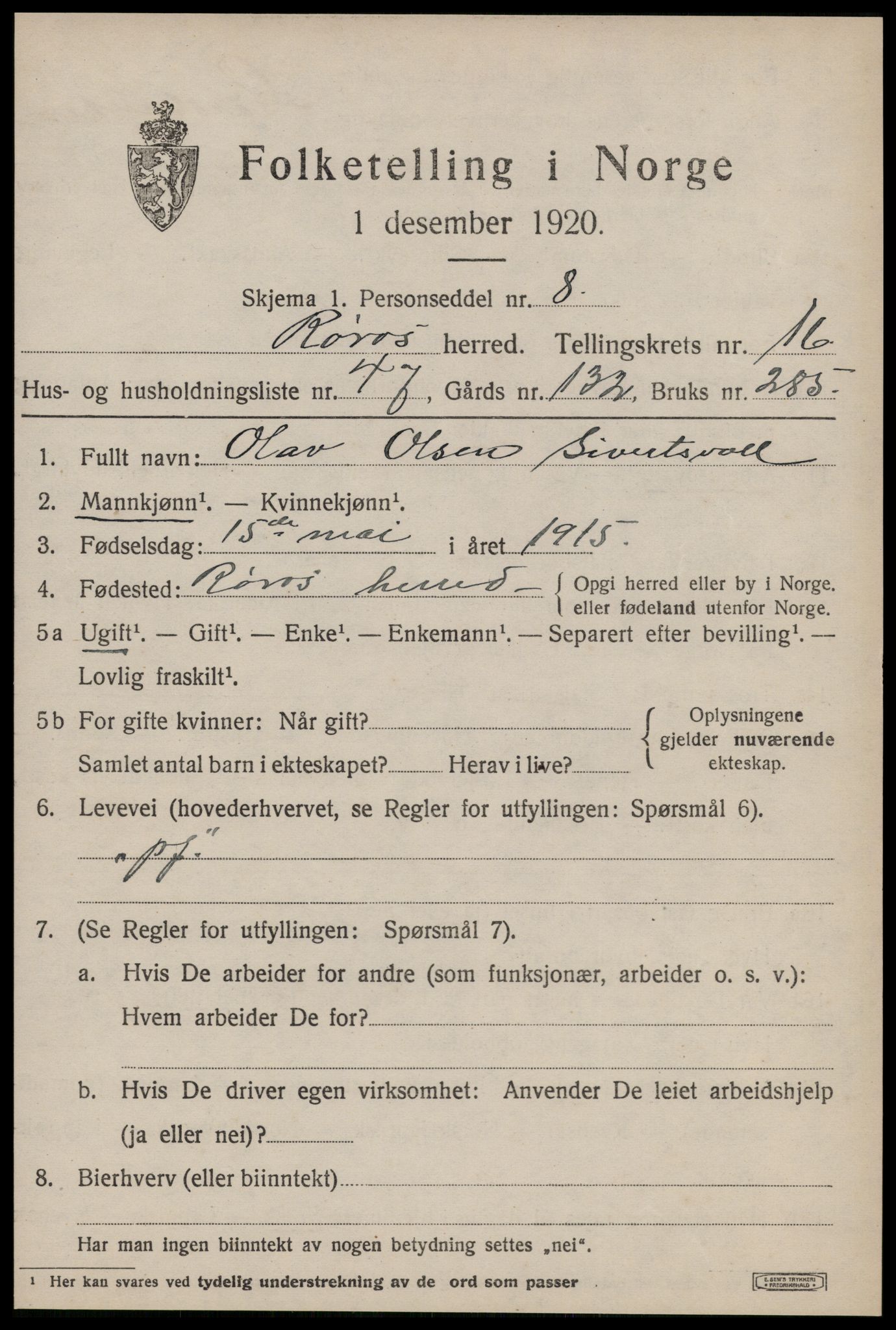 SAT, 1920 census for Røros, 1920, p. 11576