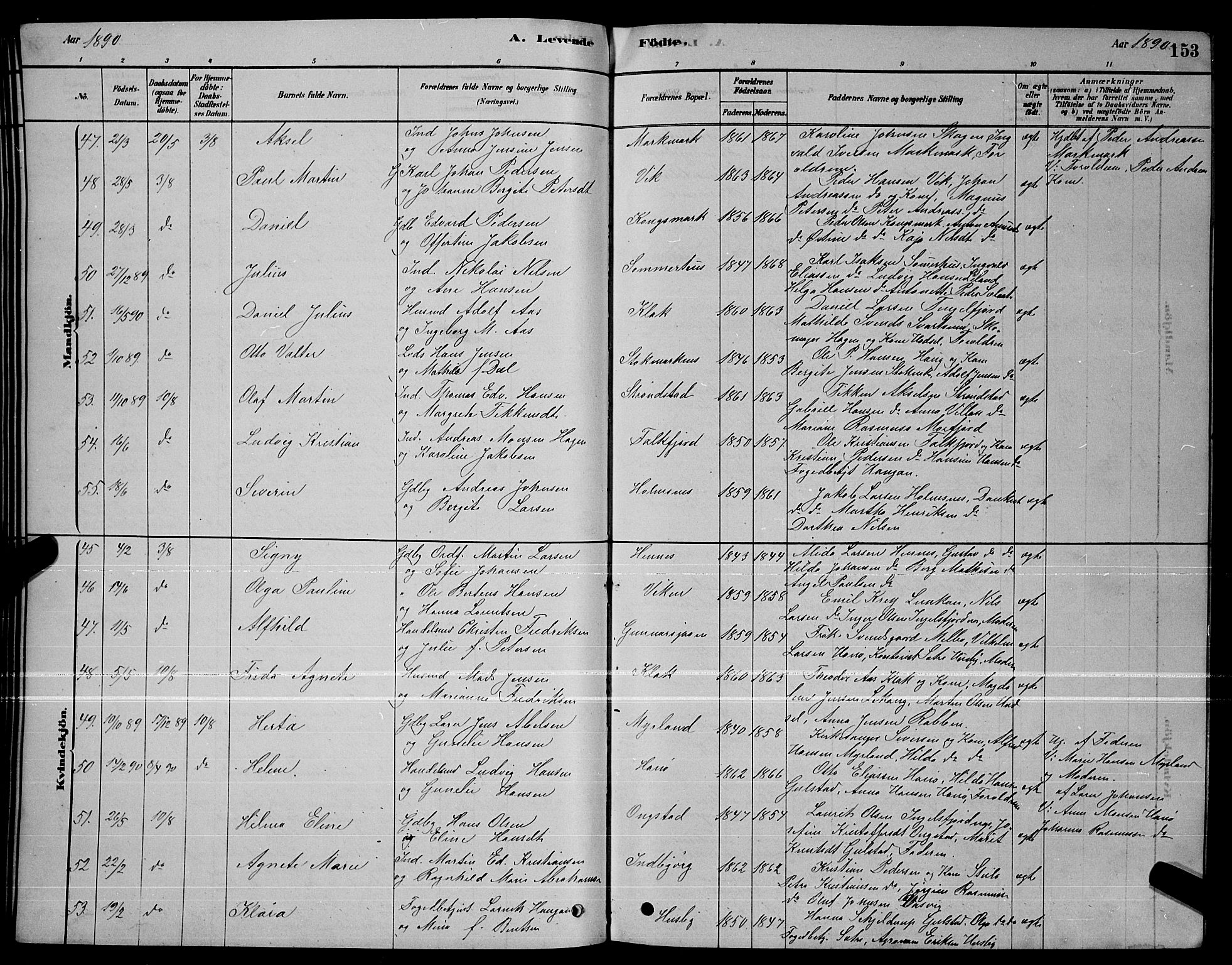 Ministerialprotokoller, klokkerbøker og fødselsregistre - Nordland, AV/SAT-A-1459/888/L1267: Parish register (copy) no. 888C05, 1878-1890, p. 153