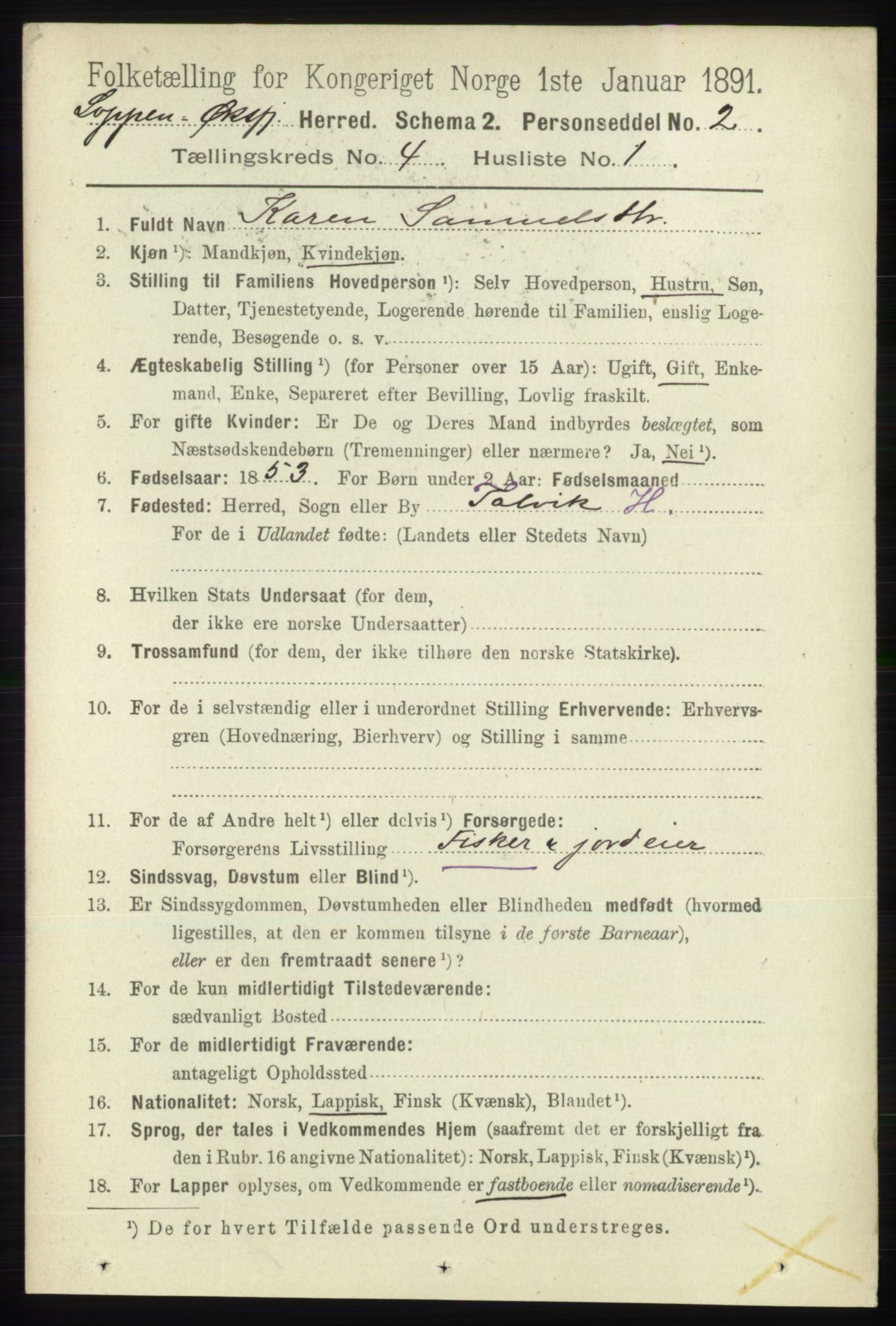 RA, 1891 census for 2014 Loppa, 1891, p. 864