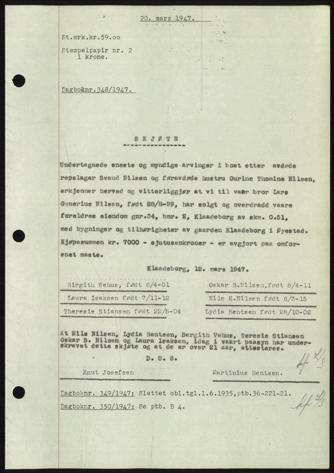 Nedenes sorenskriveri, AV/SAK-1221-0006/G/Gb/Gba/L0057: Mortgage book no. A9, 1947-1947, Diary no: : 348/1947