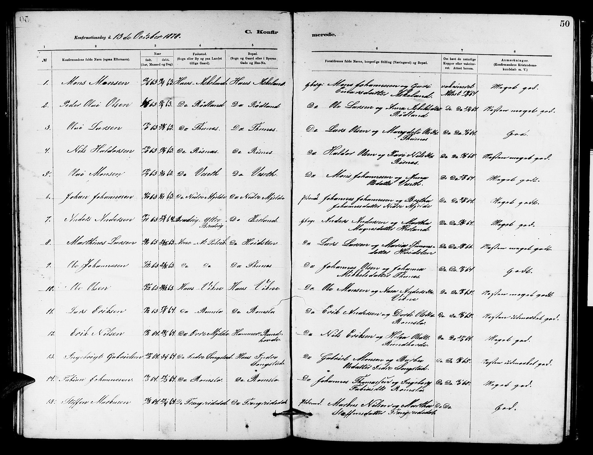 Haus sokneprestembete, SAB/A-75601/H/Hab: Parish register (copy) no. B 2, 1878-1884, p. 50