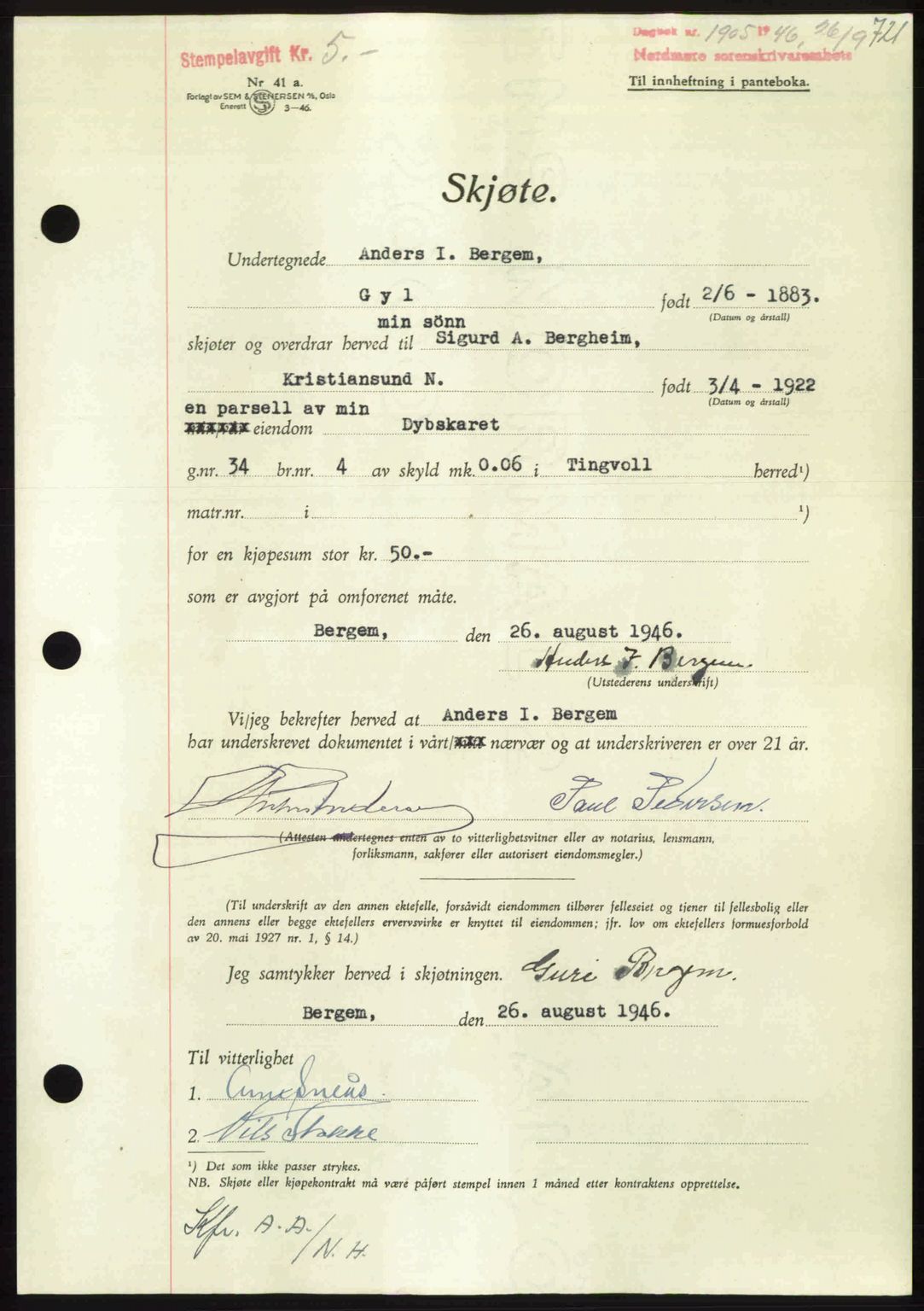 Nordmøre sorenskriveri, AV/SAT-A-4132/1/2/2Ca: Mortgage book no. A102, 1946-1946, Diary no: : 1905/1946