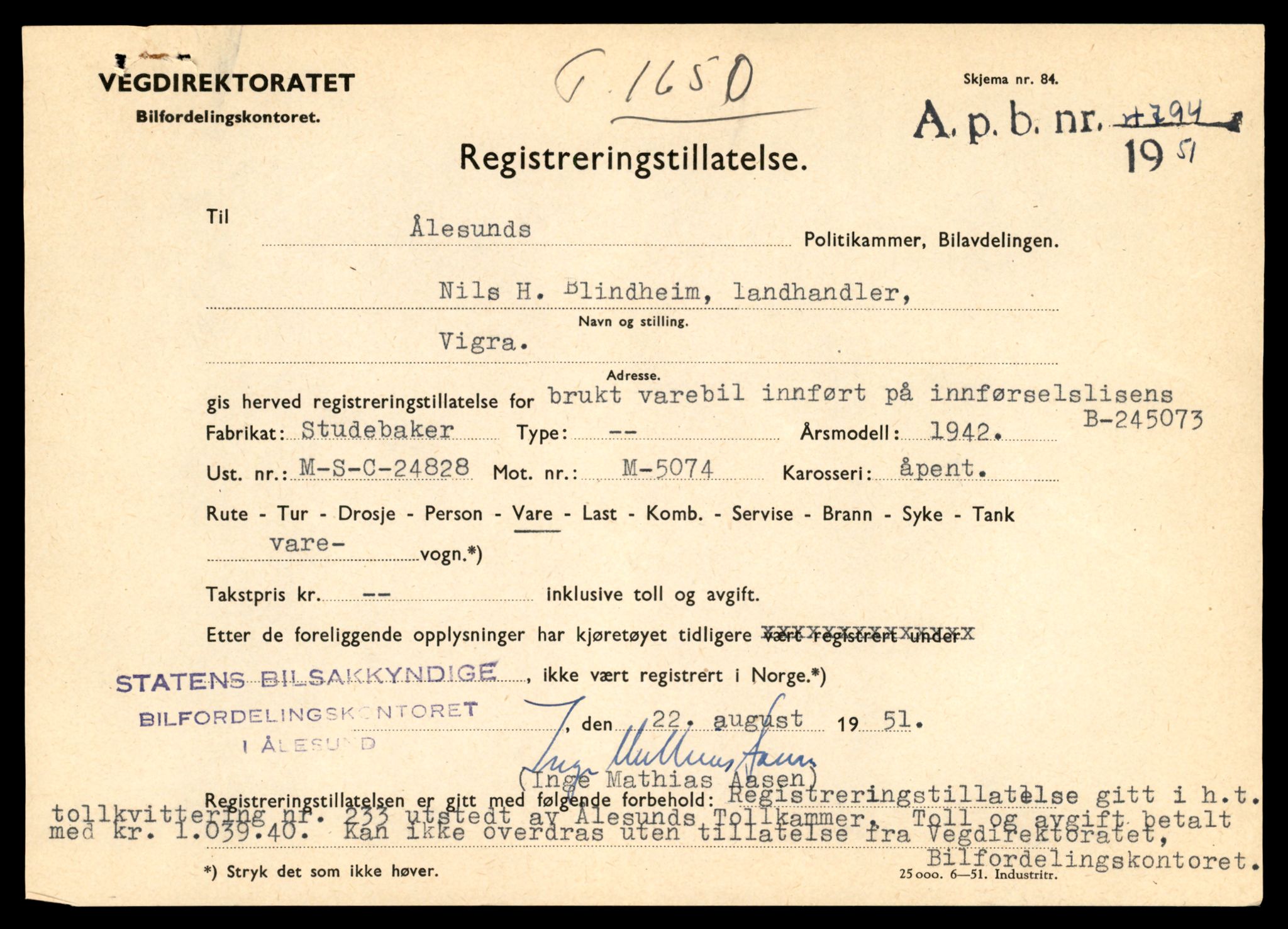 Møre og Romsdal vegkontor - Ålesund trafikkstasjon, AV/SAT-A-4099/F/Fe/L0014: Registreringskort for kjøretøy T 1565 - T 1698, 1927-1998, p. 1882