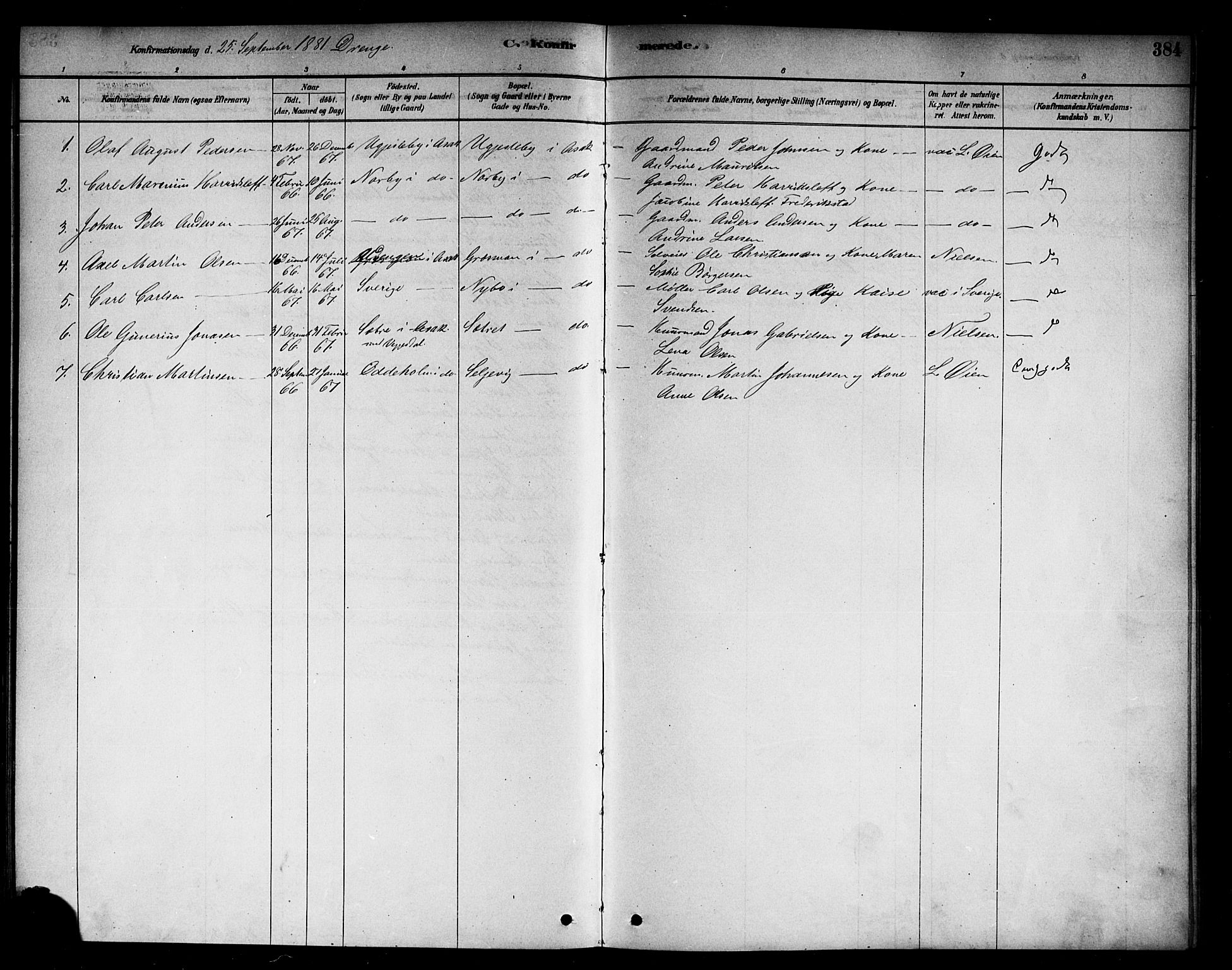 Berg prestekontor Kirkebøker, AV/SAO-A-10902/F/Fb/L0001: Parish register (official) no. II 1, 1878-1887, p. 384