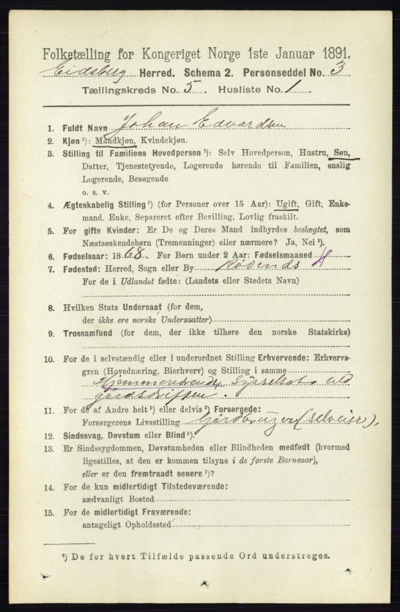 RA, 1891 census for 0125 Eidsberg, 1891, p. 3019