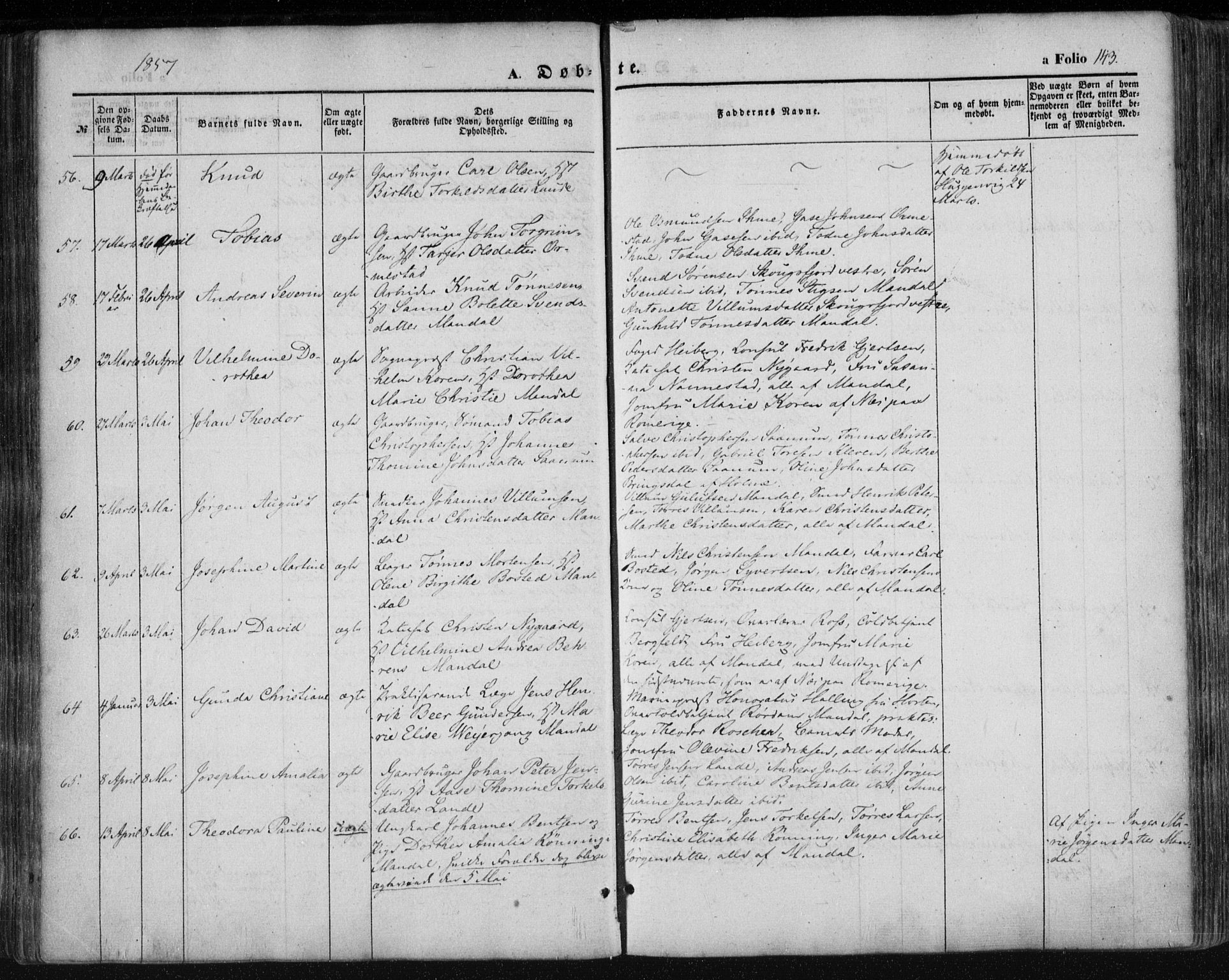 Mandal sokneprestkontor, SAK/1111-0030/F/Fa/Faa/L0013: Parish register (official) no. A 13, 1847-1859, p. 143