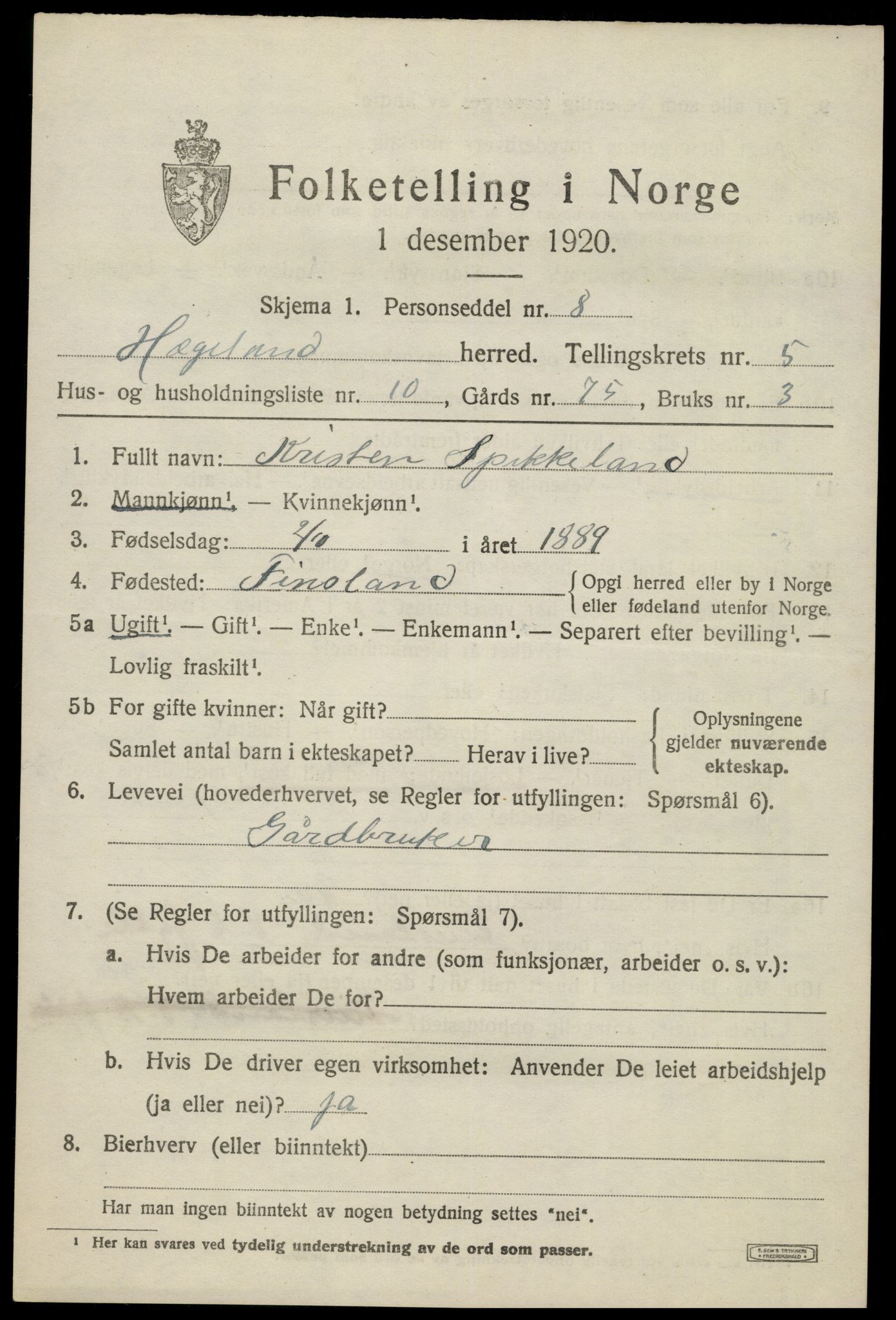 SAK, 1920 census for Hægeland, 1920, p. 2097