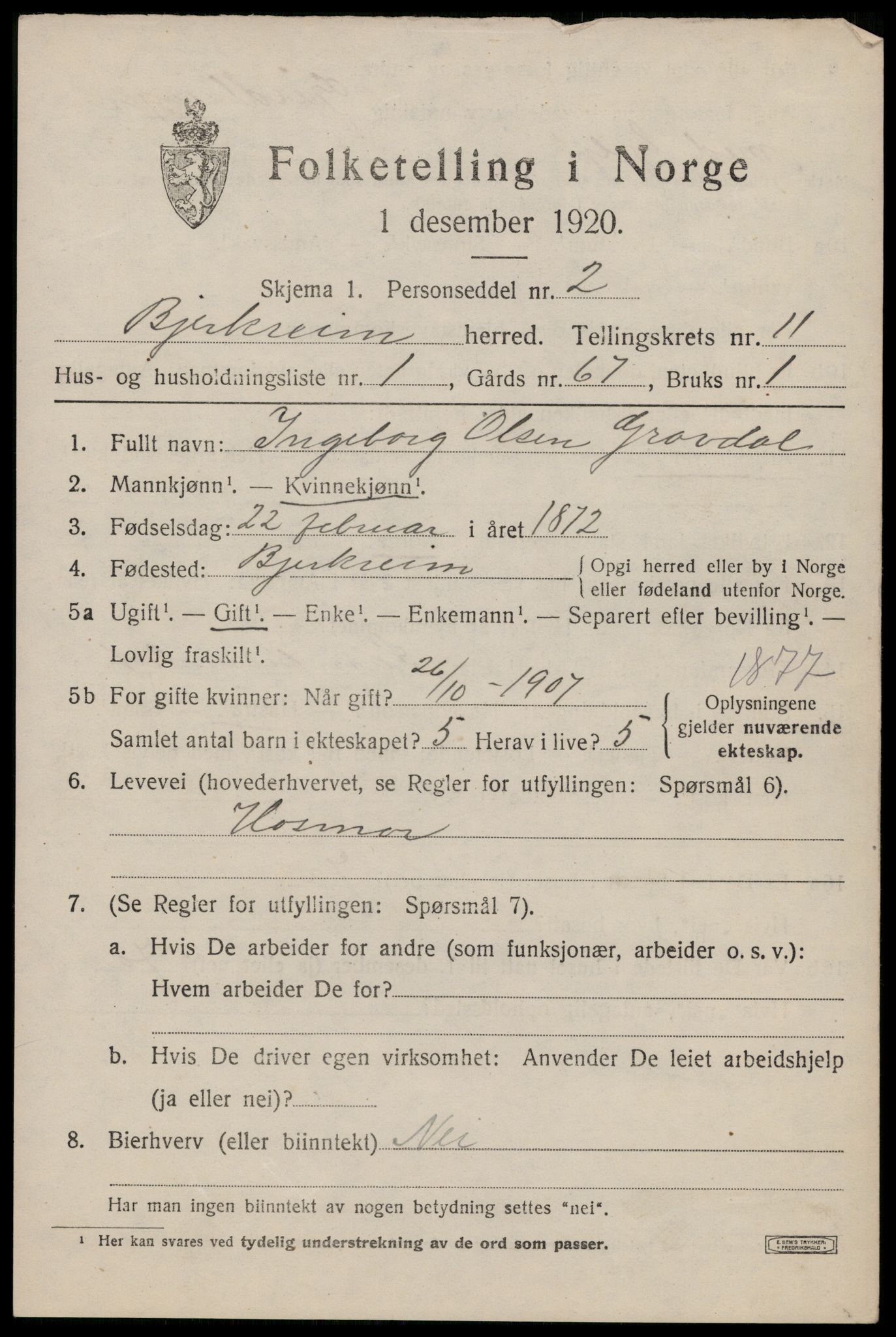 SAST, 1920 census for Bjerkreim, 1920, p. 3410