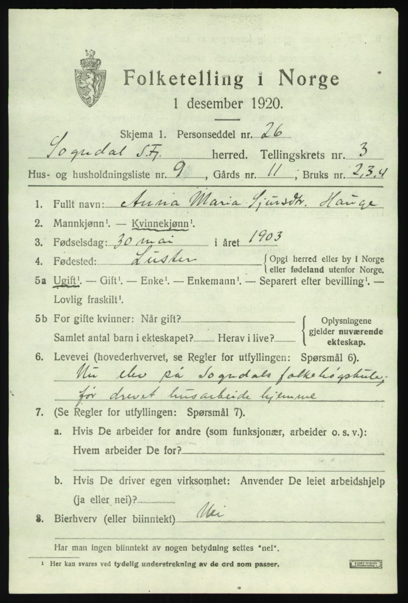 SAB, 1920 census for Sogndal, 1920, p. 2251
