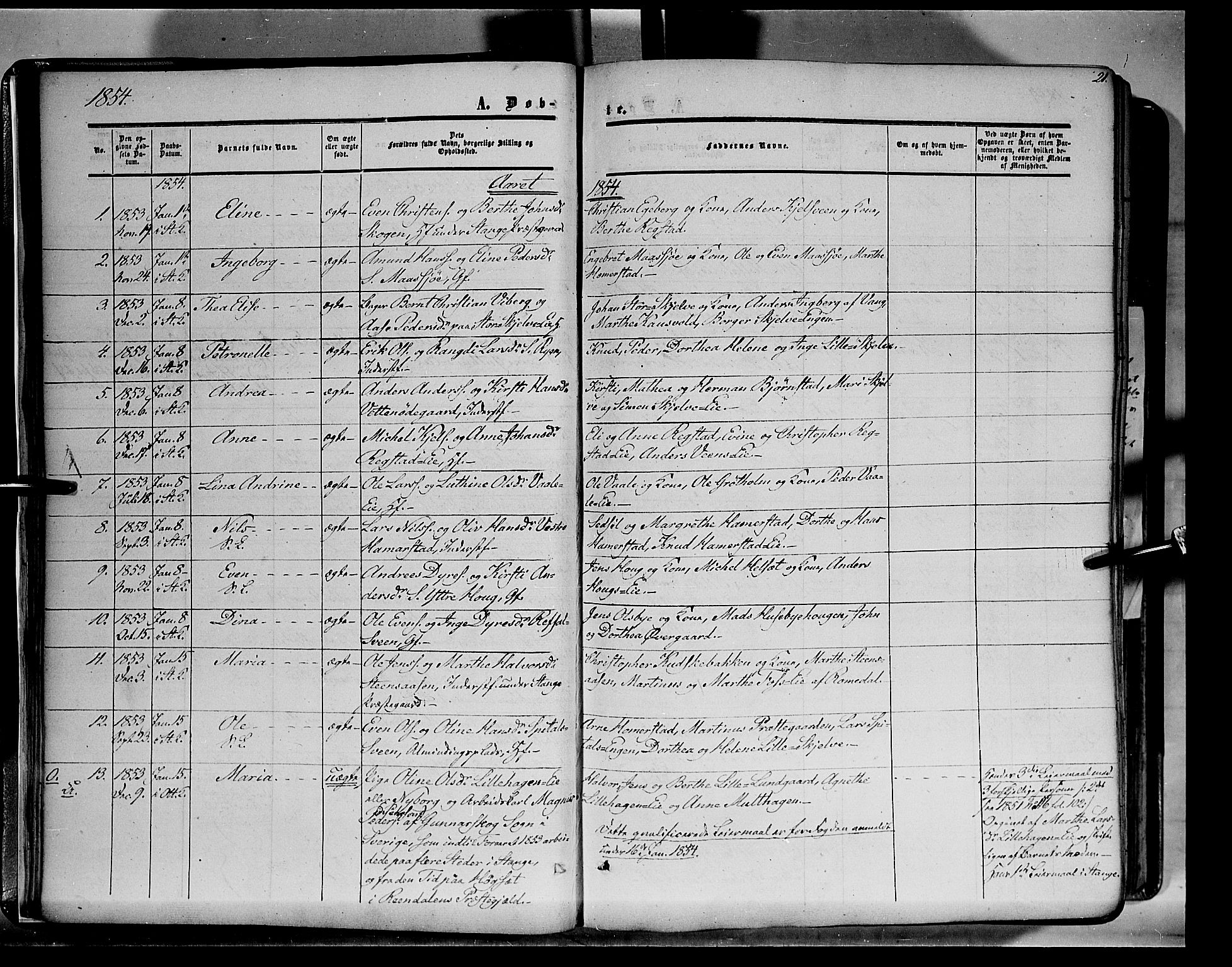 Stange prestekontor, SAH/PREST-002/K/L0012: Parish register (official) no. 12, 1852-1862, p. 21