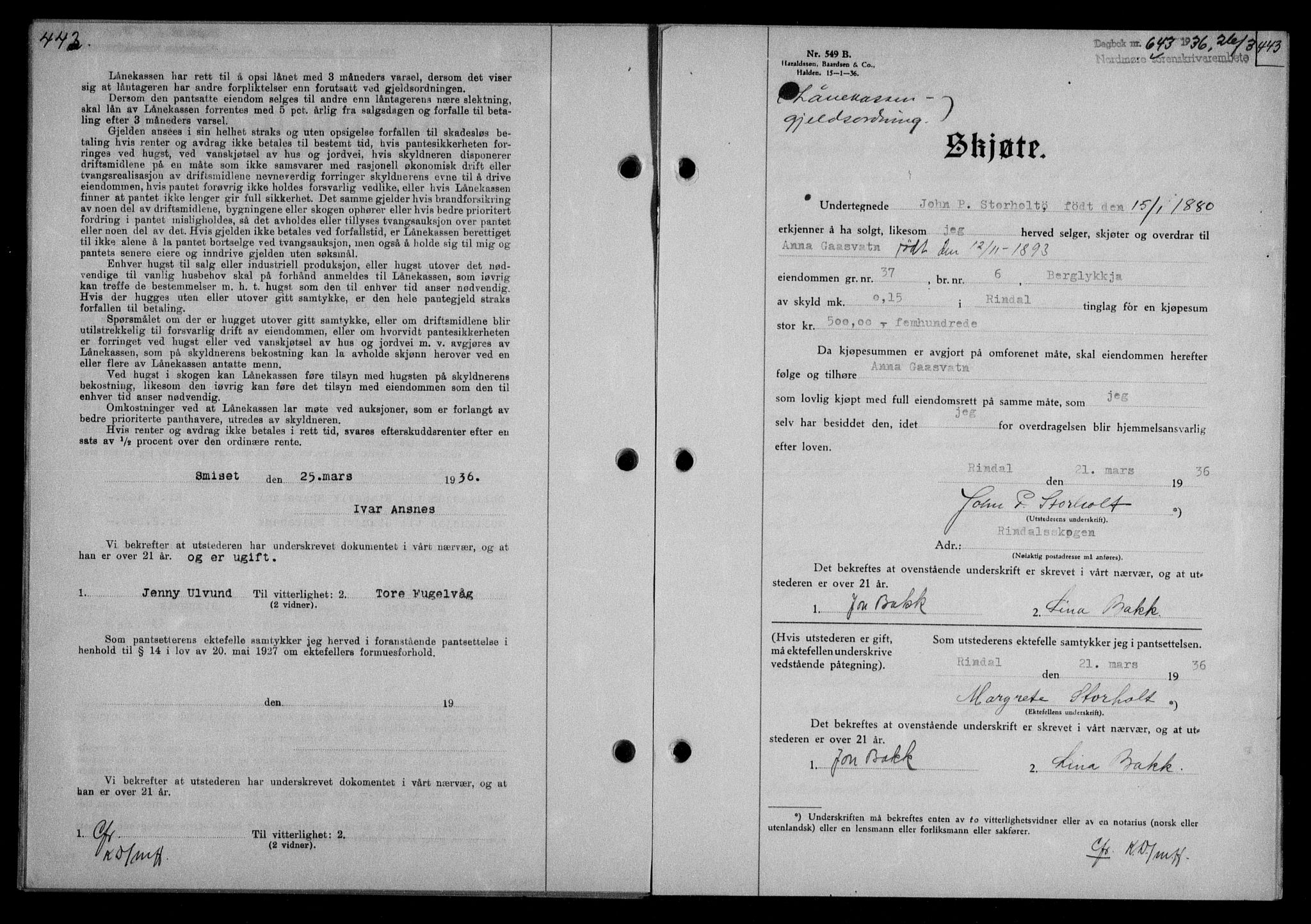 Nordmøre sorenskriveri, AV/SAT-A-4132/1/2/2Ca/L0087: Mortgage book no. 77, 1935-1936, Deed date: 26.03.1936