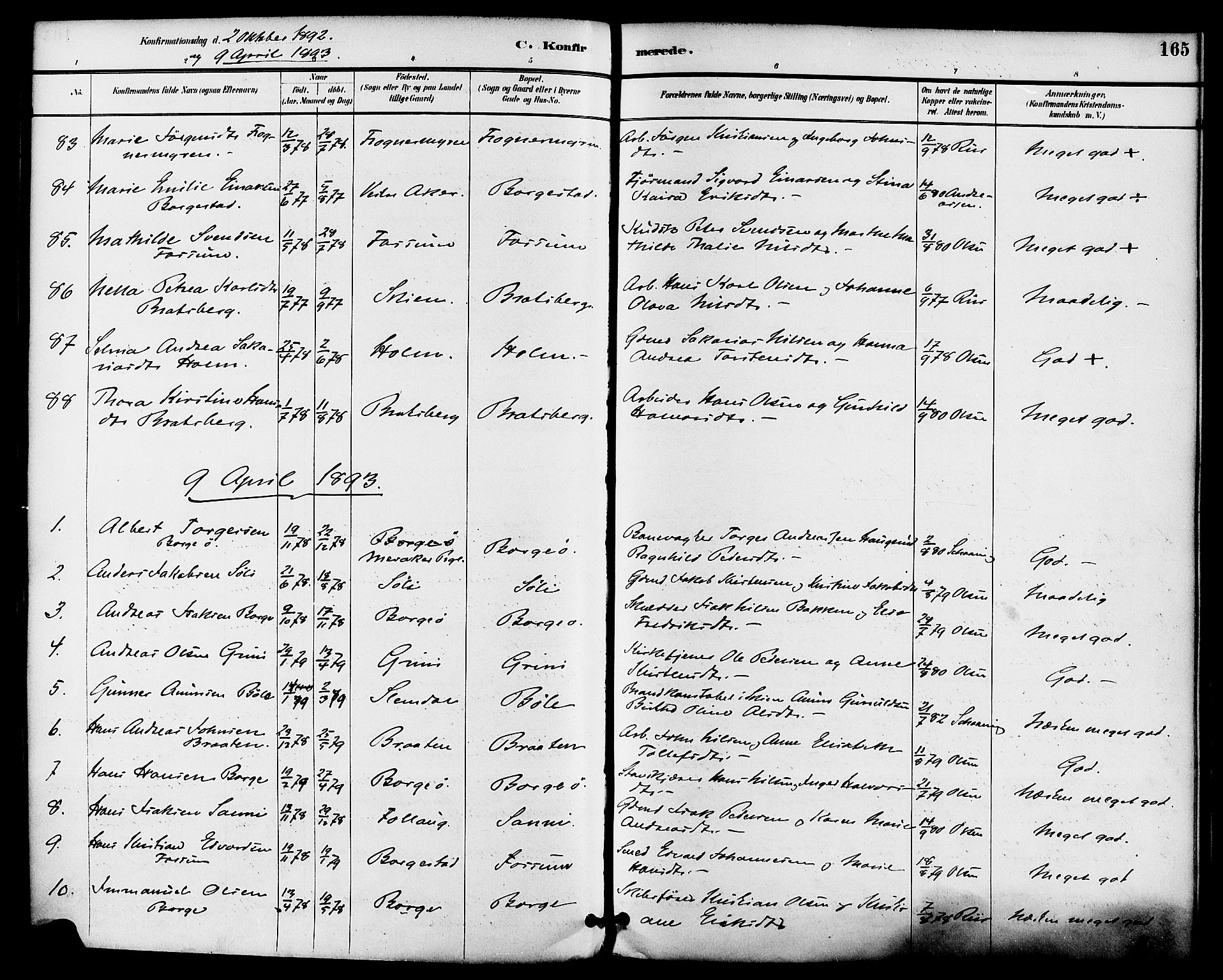 Gjerpen kirkebøker, SAKO/A-265/F/Fa/L0010: Parish register (official) no. I 10, 1886-1895, p. 165