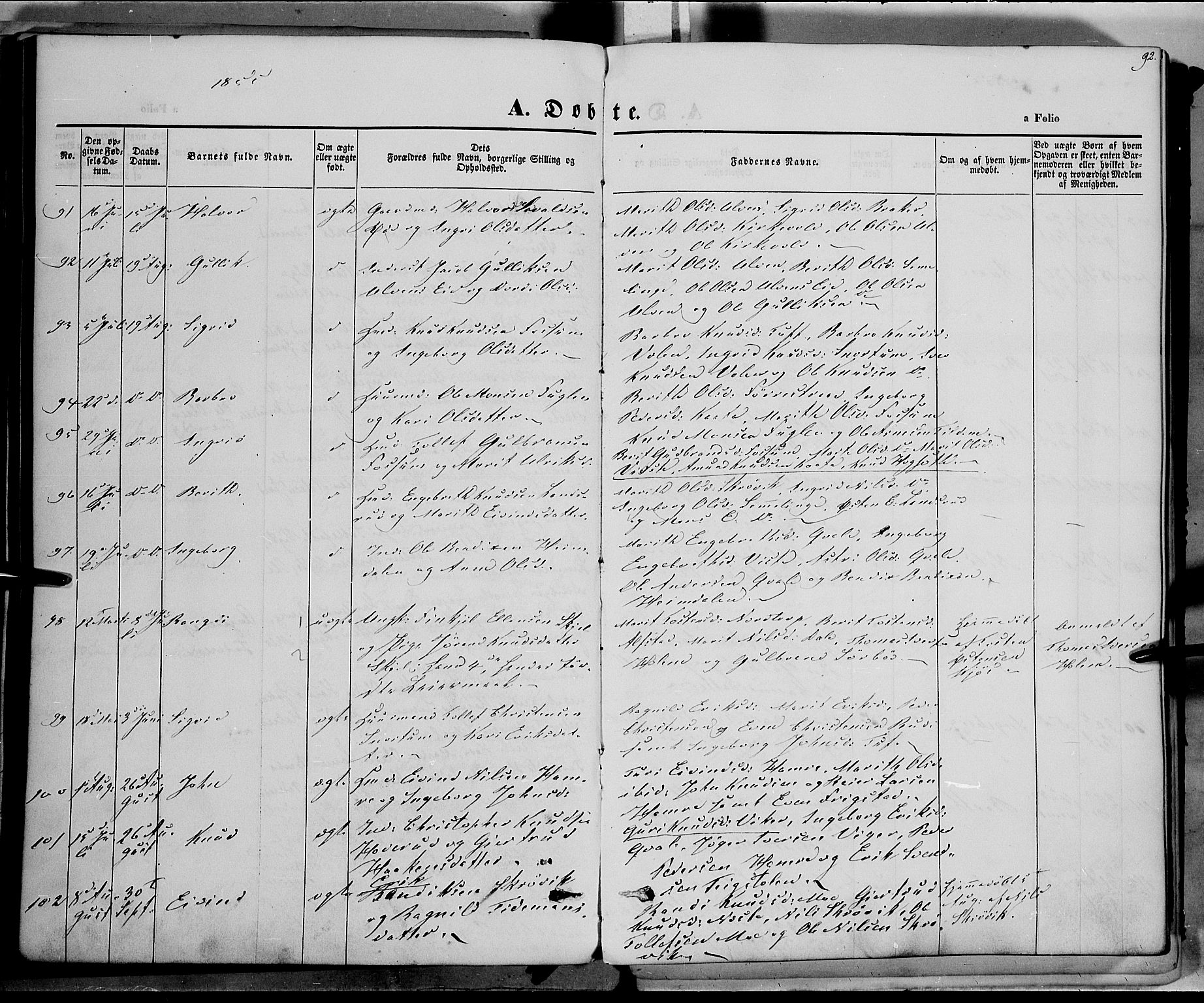 Vestre Slidre prestekontor, SAH/PREST-136/H/Ha/Haa/L0001: Parish register (official) no. 1, 1844-1855, p. 92
