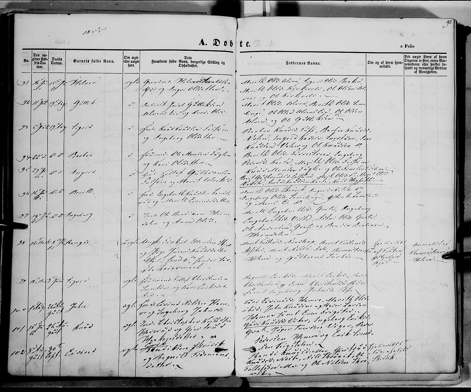 Vestre Slidre prestekontor, AV/SAH-PREST-136/H/Ha/Haa/L0001: Parish register (official) no. 1, 1844-1855, p. 92