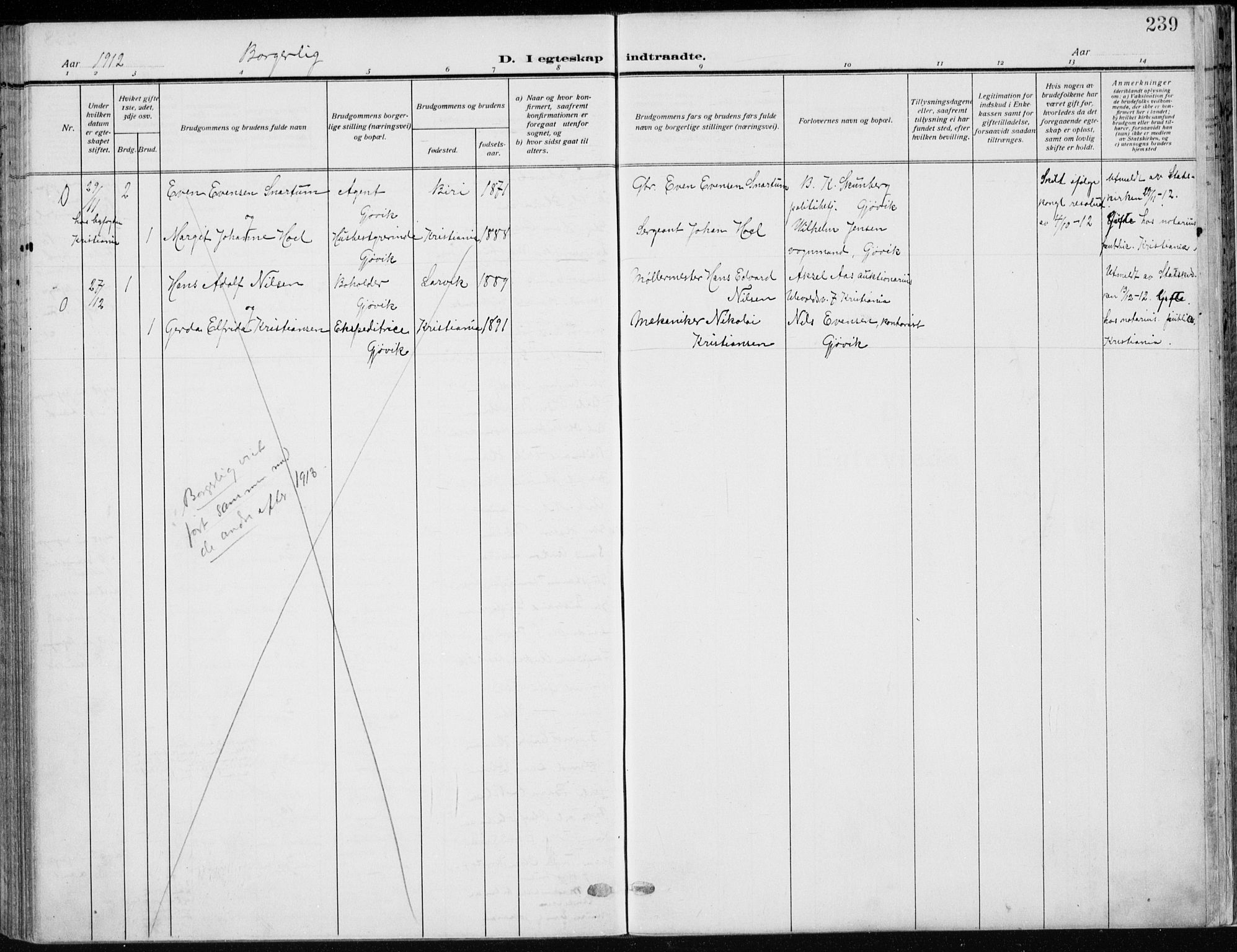 Vardal prestekontor, SAH/PREST-100/H/Ha/Haa/L0014: Parish register (official) no. 14, 1912-1922, p. 239