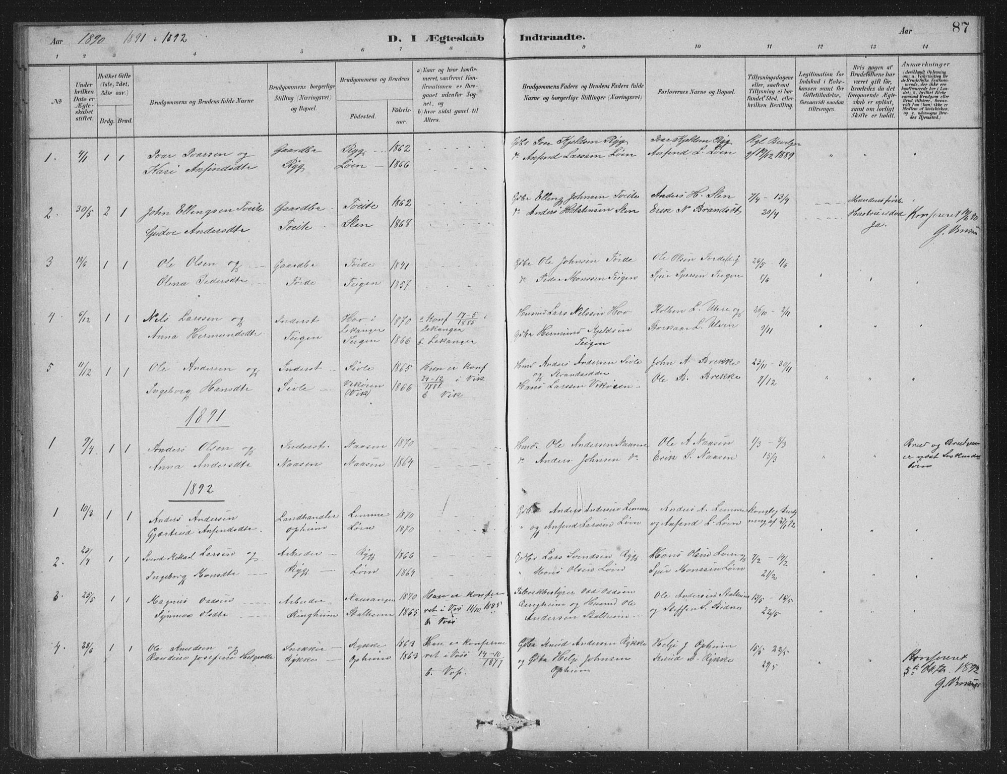 Vossestrand Sokneprestembete, SAB/A-79101/H/Hab: Parish register (copy) no. A 2, 1880-1902, p. 87