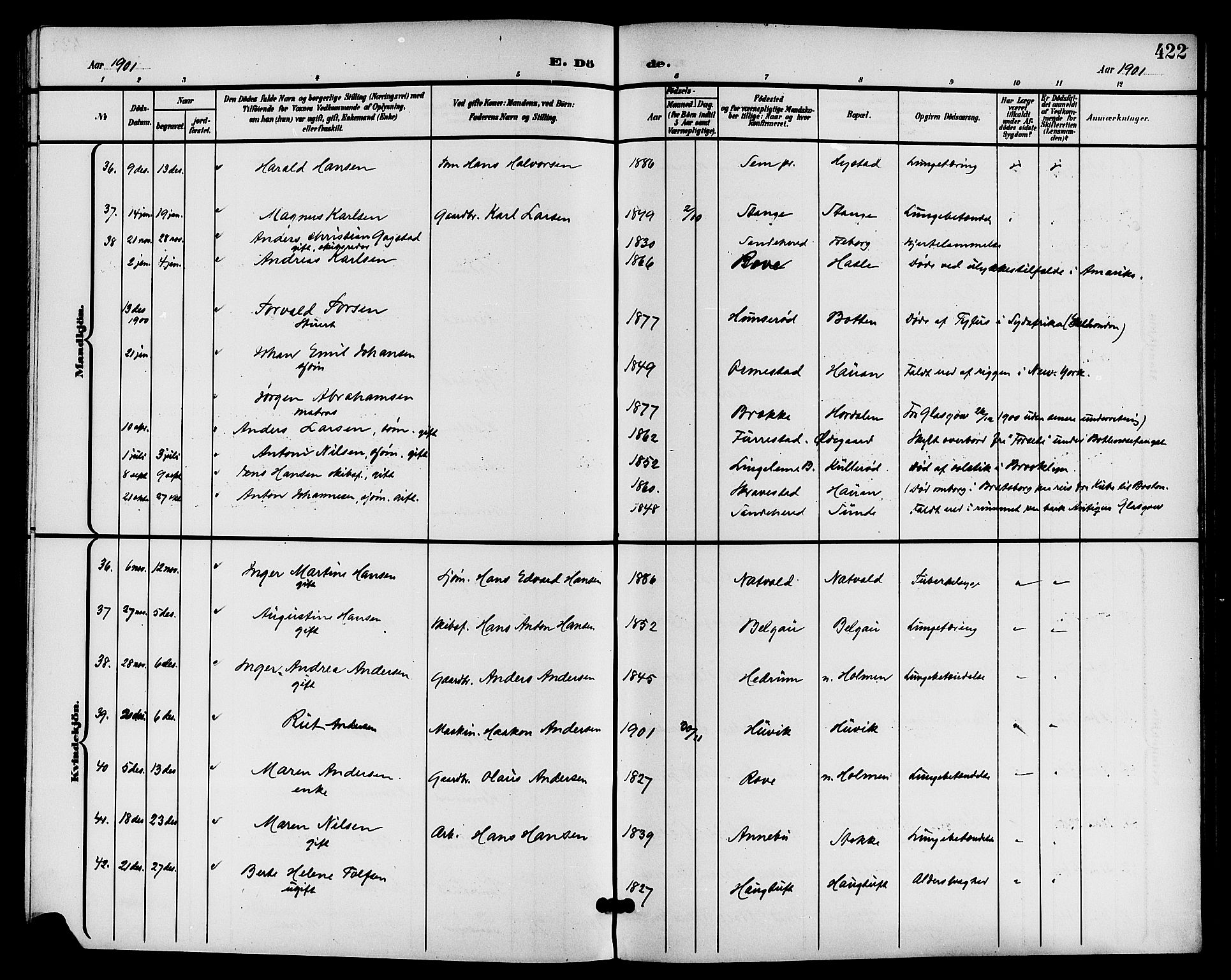 Sandar kirkebøker, AV/SAKO-A-243/G/Ga/L0002: Parish register (copy) no. 2, 1900-1915, p. 422