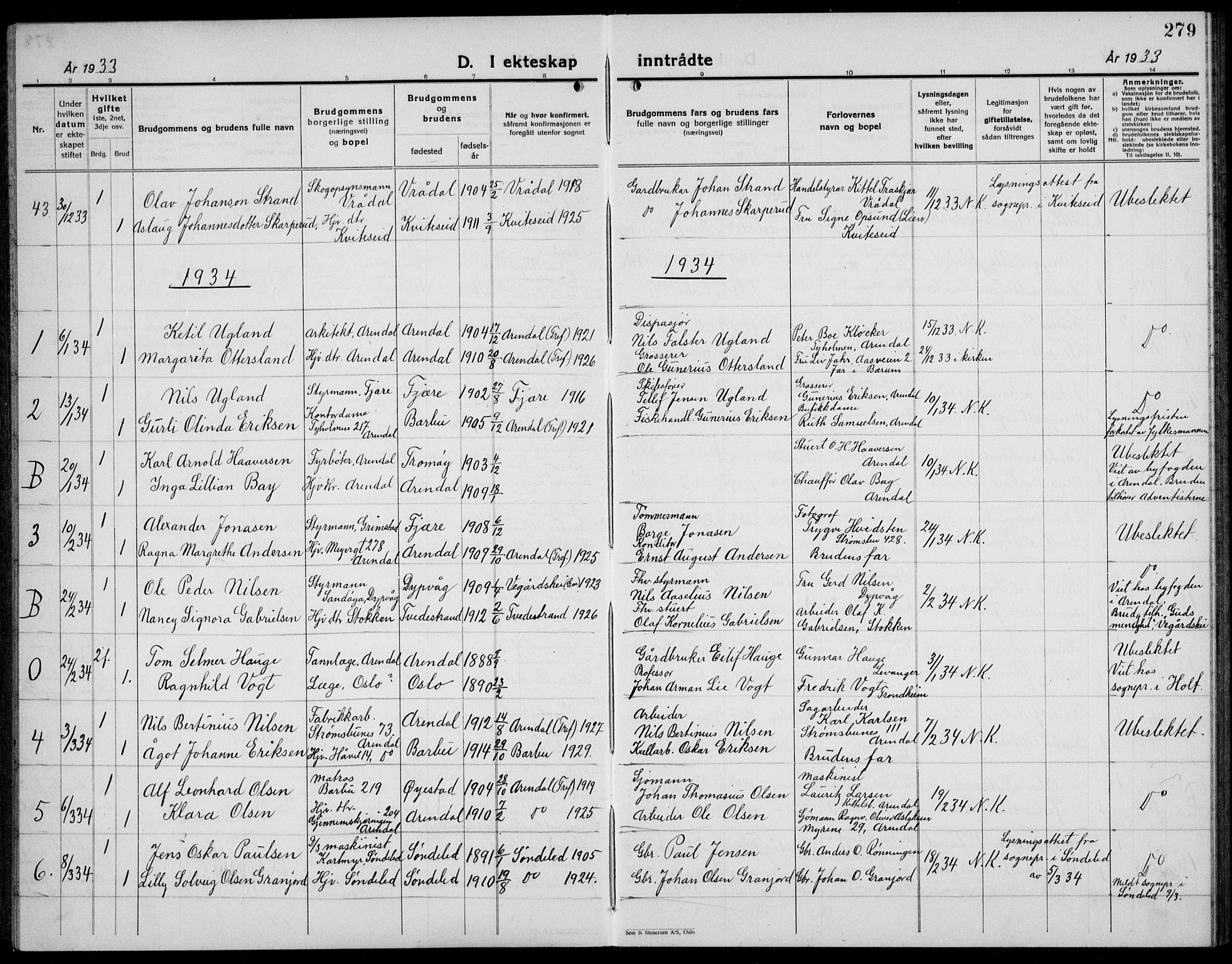 Arendal sokneprestkontor, Trefoldighet, AV/SAK-1111-0040/F/Fb/L0008: Parish register (copy) no. B 8, 1928-1939, p. 279