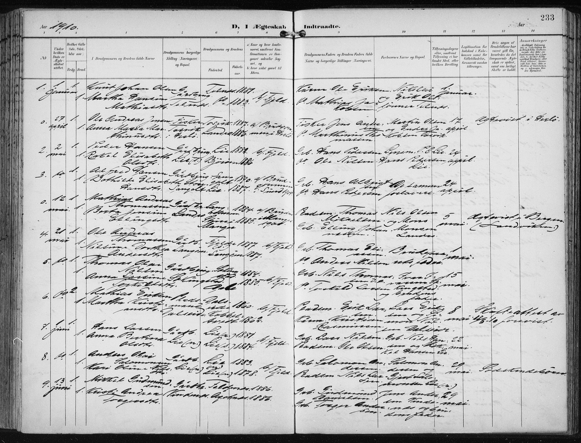 Fjell sokneprestembete, SAB/A-75301/H/Haa: Parish register (official) no. A  9, 1899-1910, p. 233