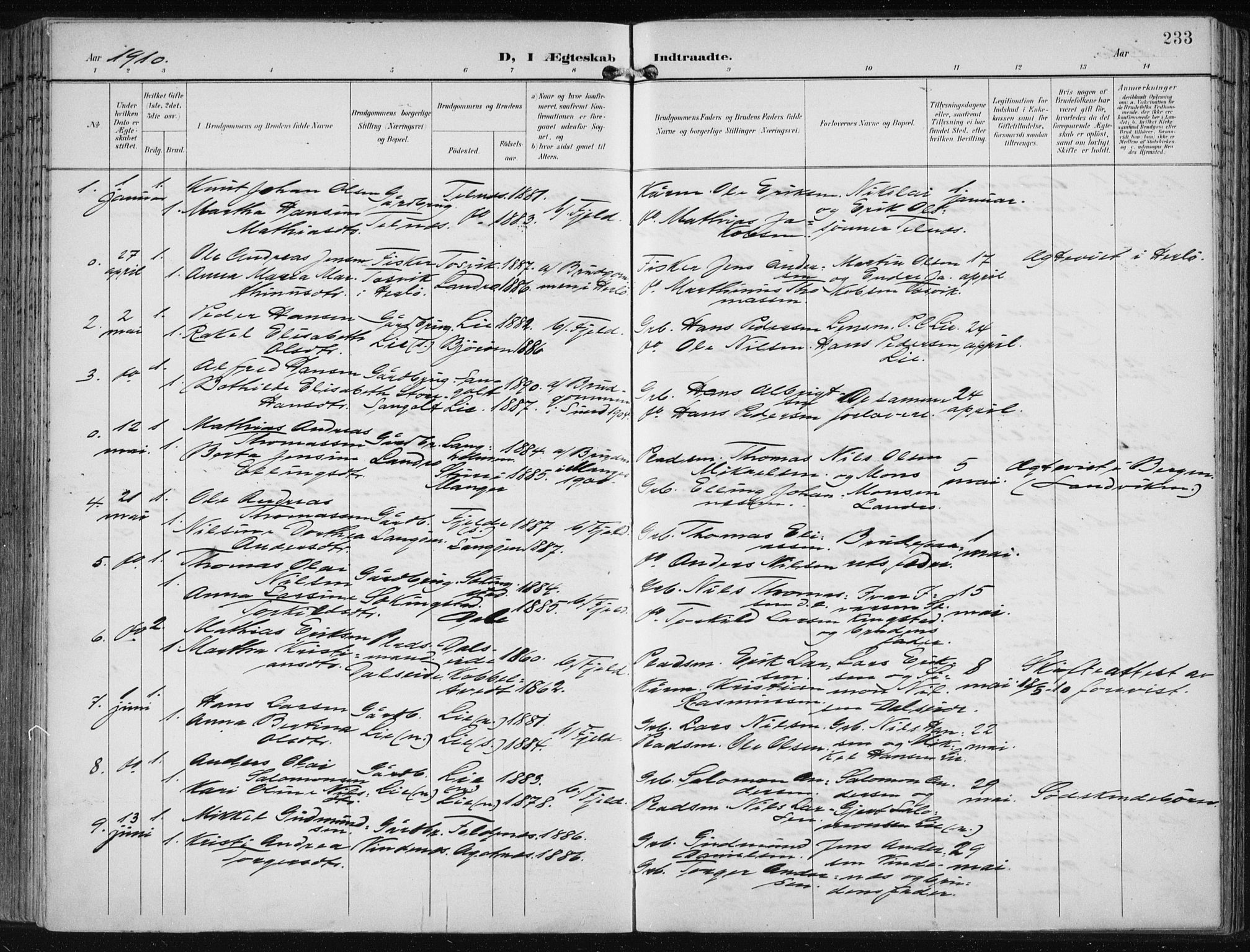Fjell sokneprestembete, AV/SAB-A-75301/H/Haa: Parish register (official) no. A  9, 1899-1910, p. 233