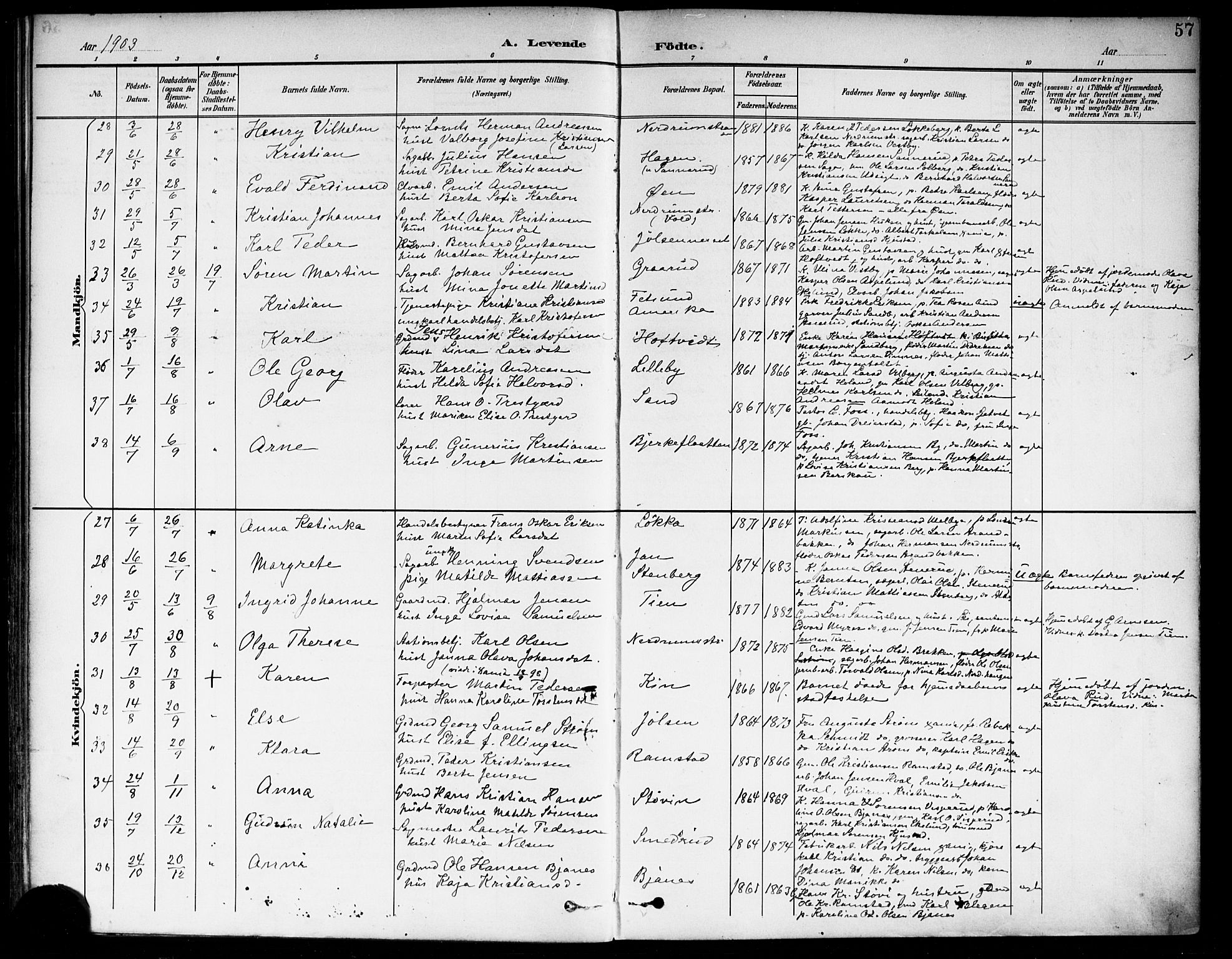 Fet prestekontor Kirkebøker, SAO/A-10370a/F/Fa/L0015: Parish register (official) no. I 15, 1892-1904, p. 57
