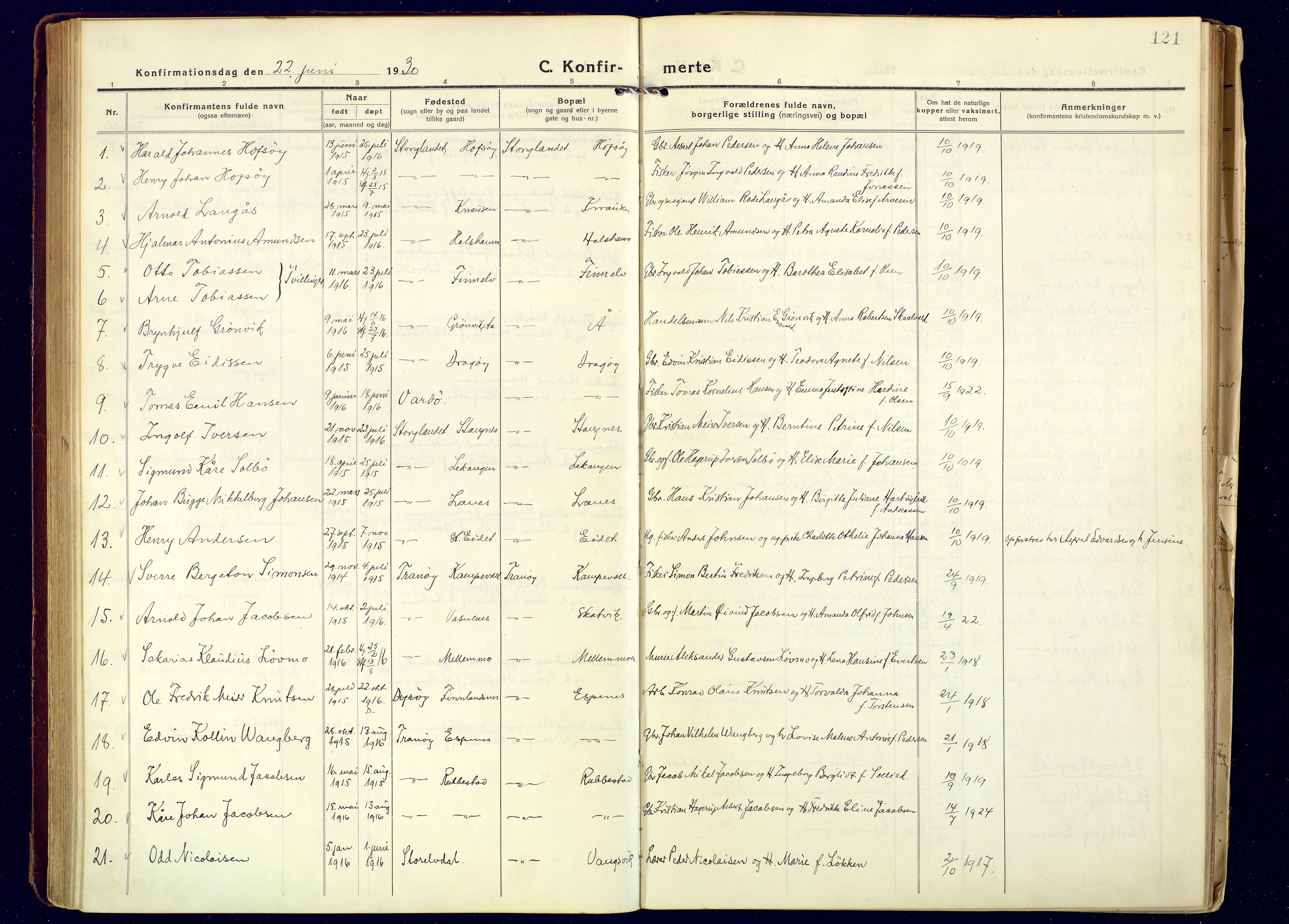 Tranøy sokneprestkontor, SATØ/S-1313/I/Ia/Iaa/L0016kirke: Parish register (official) no. 16, 1919-1932, p. 121