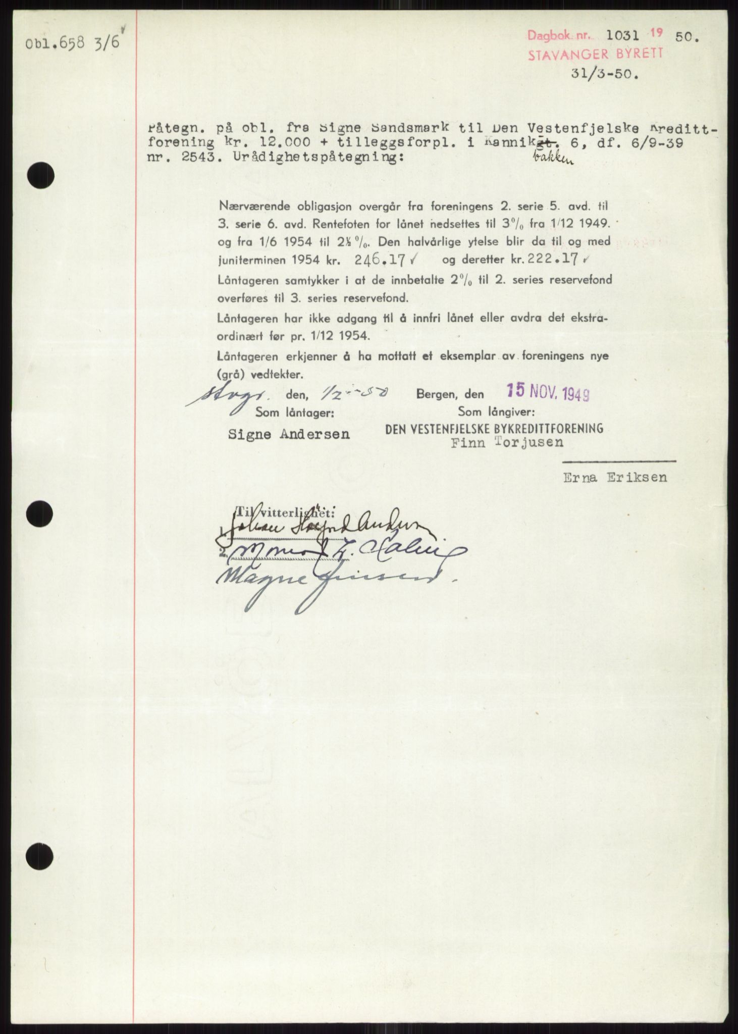 Stavanger byrett, SAST/A-100455/002/G/Gb/L0032: Mortgage book, 1947-1950, Diary no: : 1031/1950