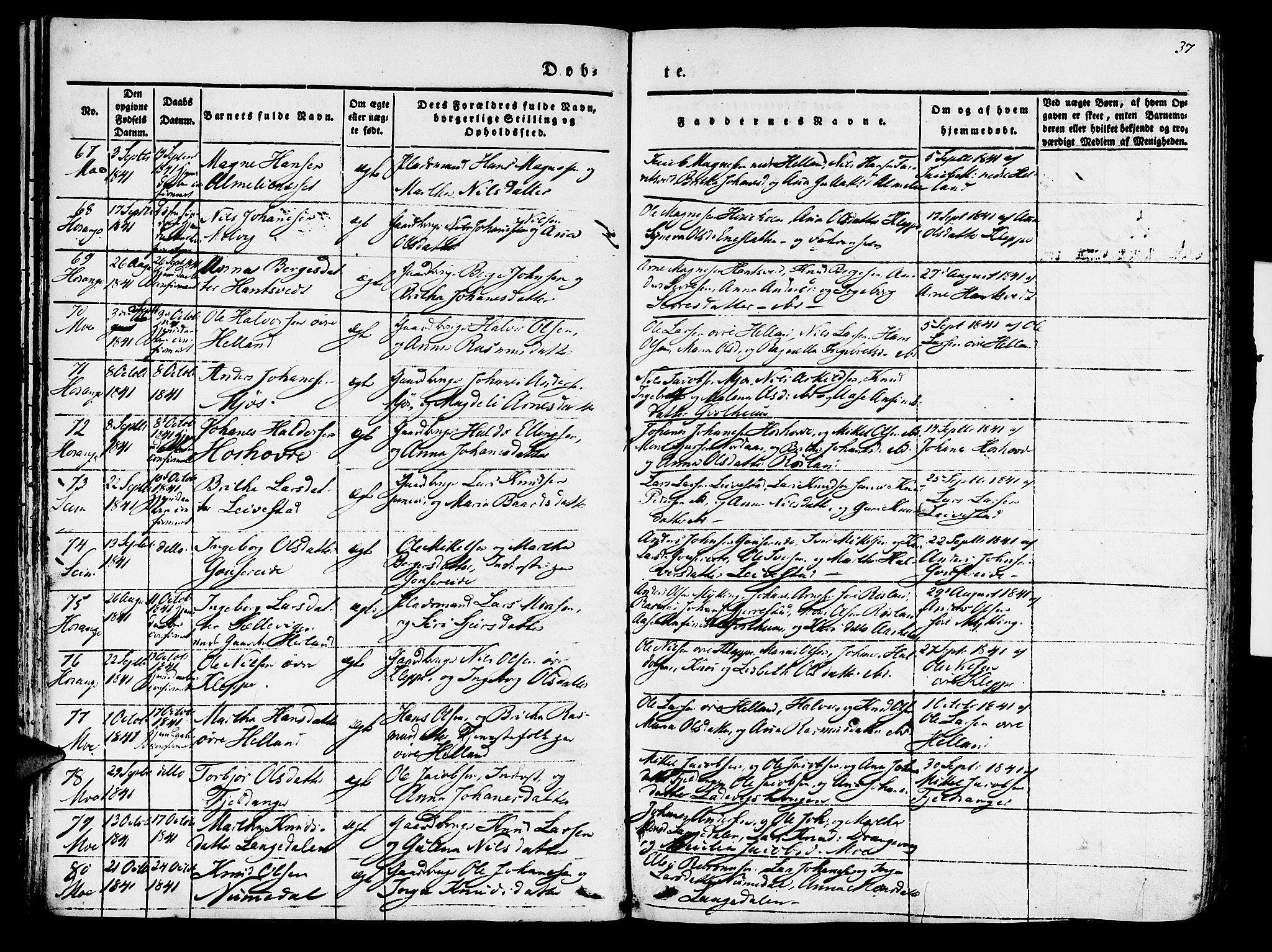 Hosanger sokneprestembete, SAB/A-75801/H/Haa: Parish register (official) no. A 7, 1835-1848, p. 37