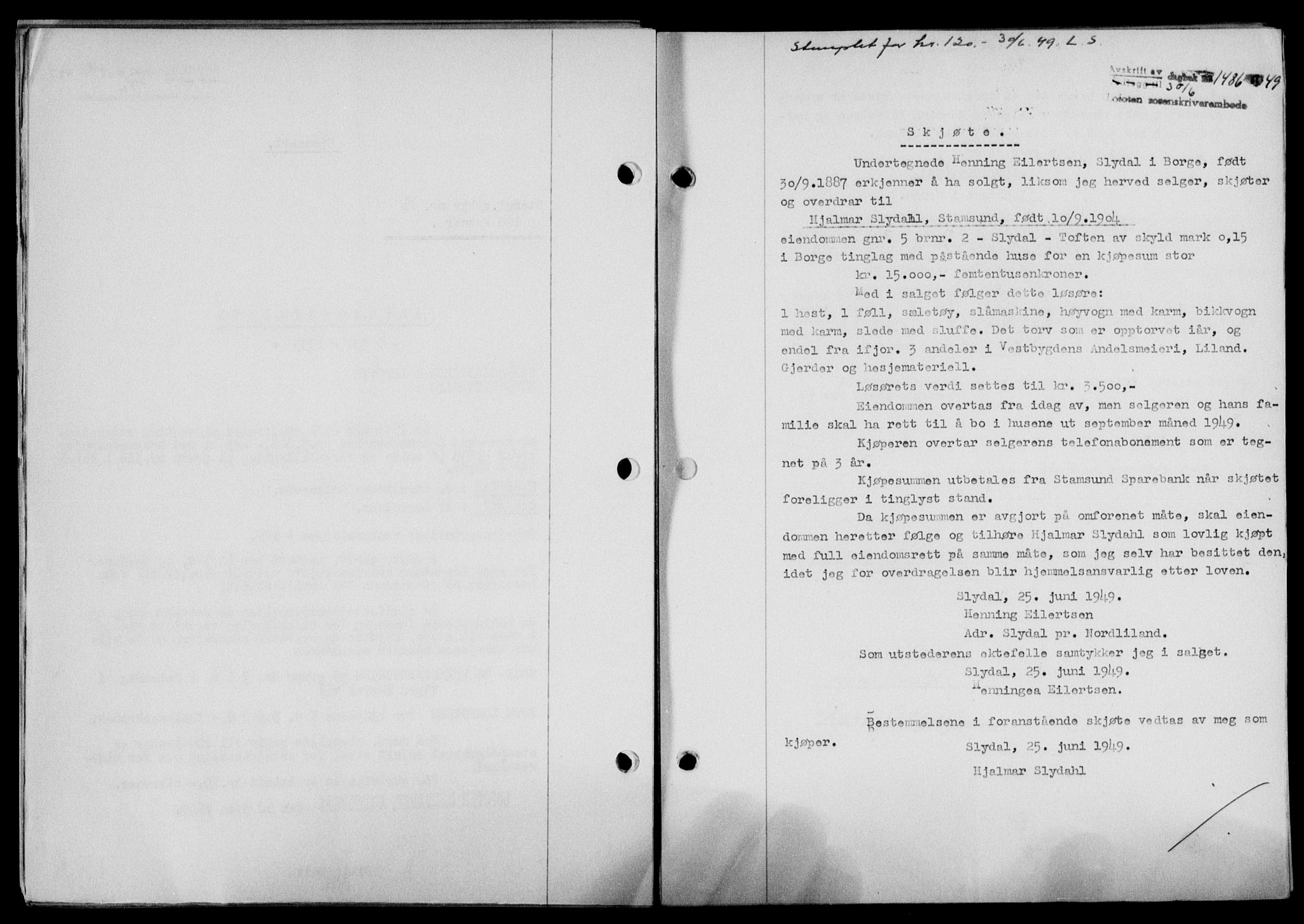 Lofoten sorenskriveri, SAT/A-0017/1/2/2C/L0021a: Mortgage book no. 21a, 1949-1949, Diary no: : 1486/1949