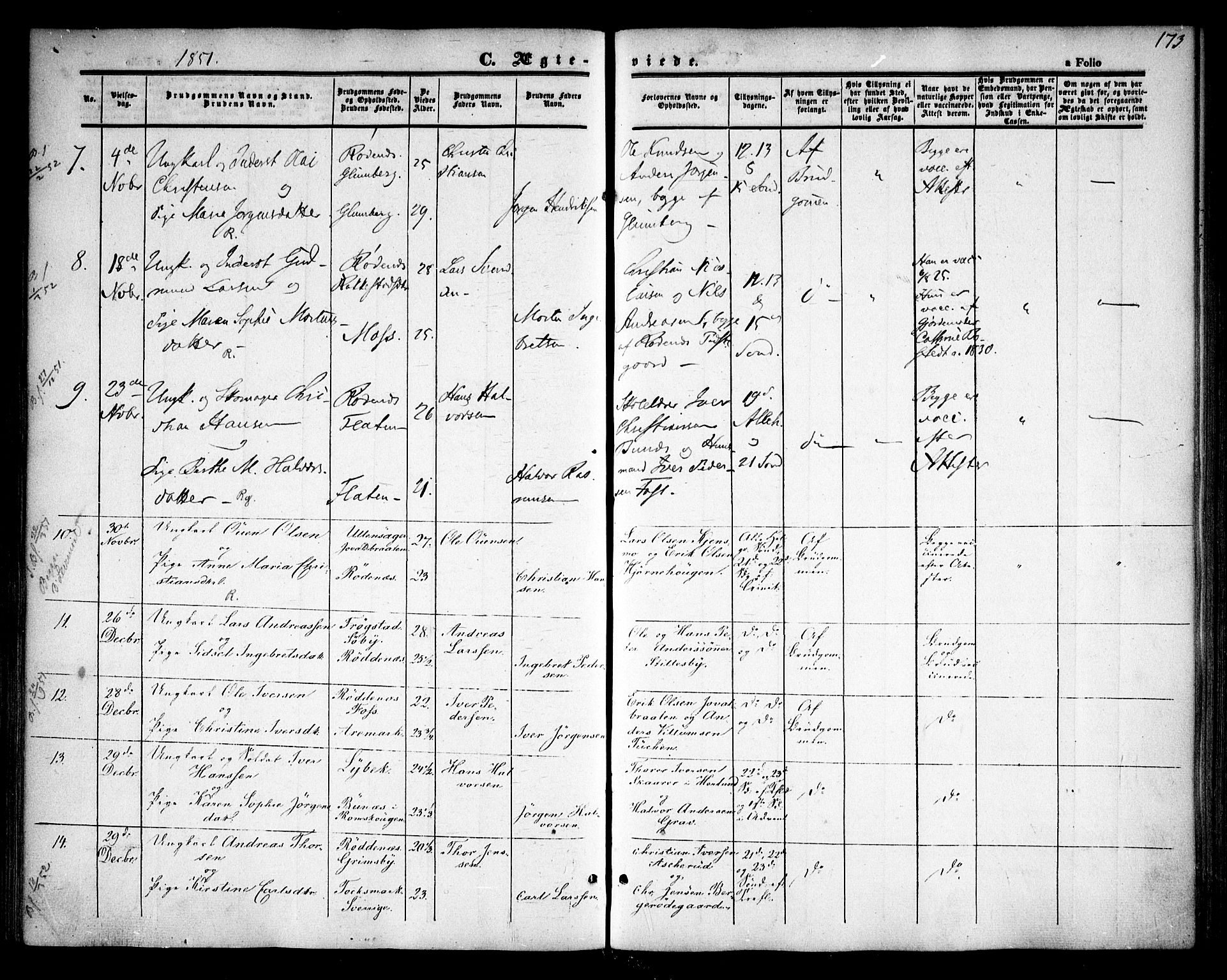 Rødenes prestekontor Kirkebøker, AV/SAO-A-2005/F/Fa/L0006: Parish register (official) no. I 6, 1850-1859, p. 173