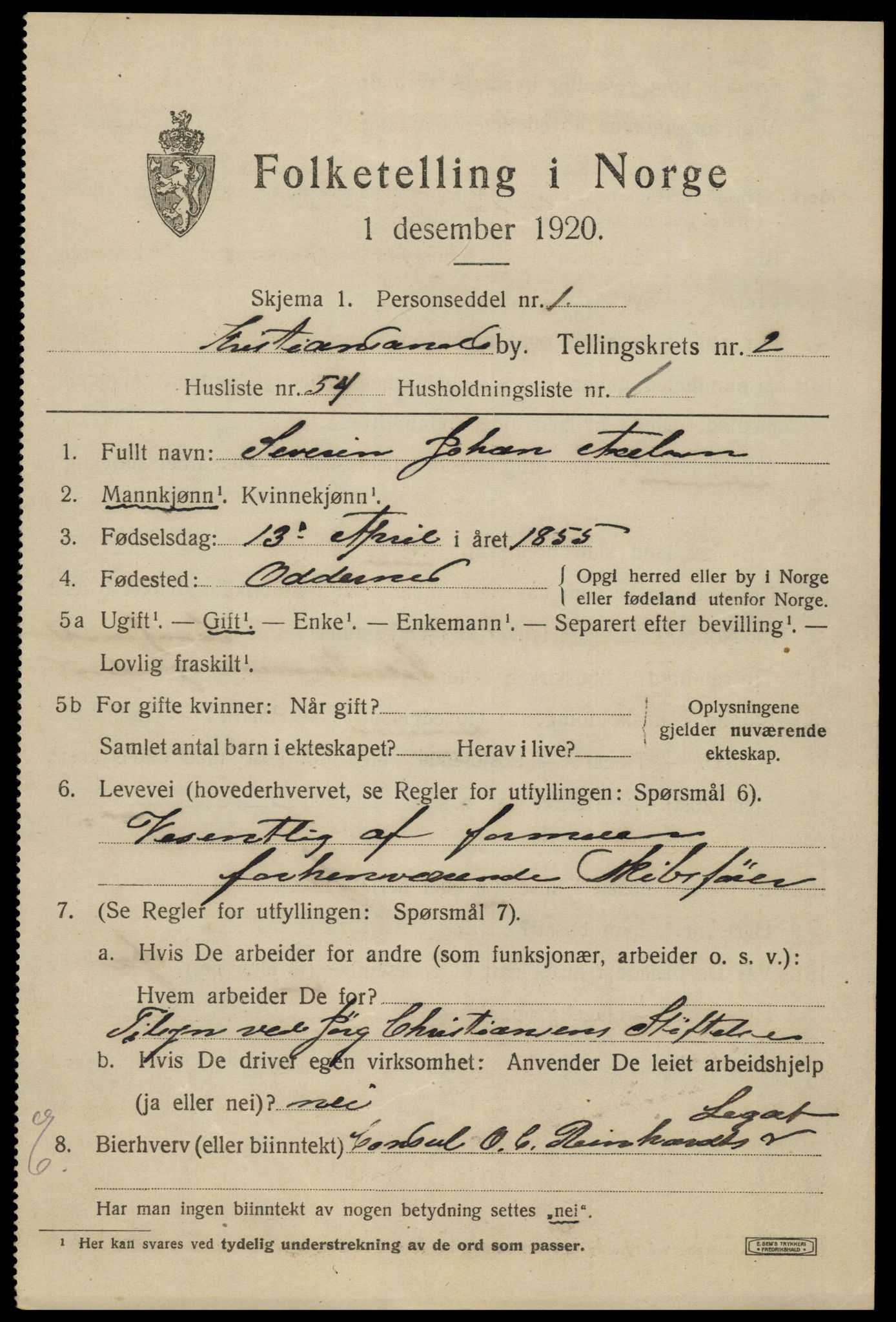 SAK, 1920 census for Kristiansand, 1920, p. 13457