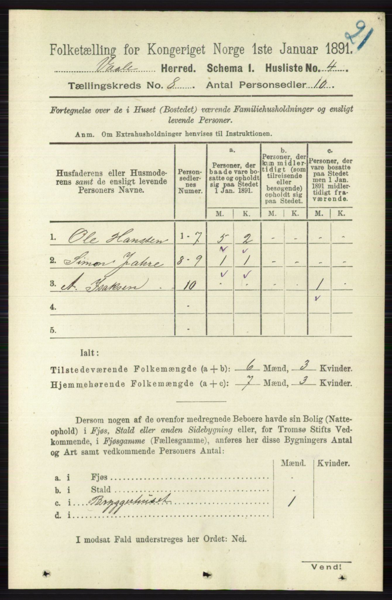 RA, 1891 census for 0716 Våle, 1891, p. 2764