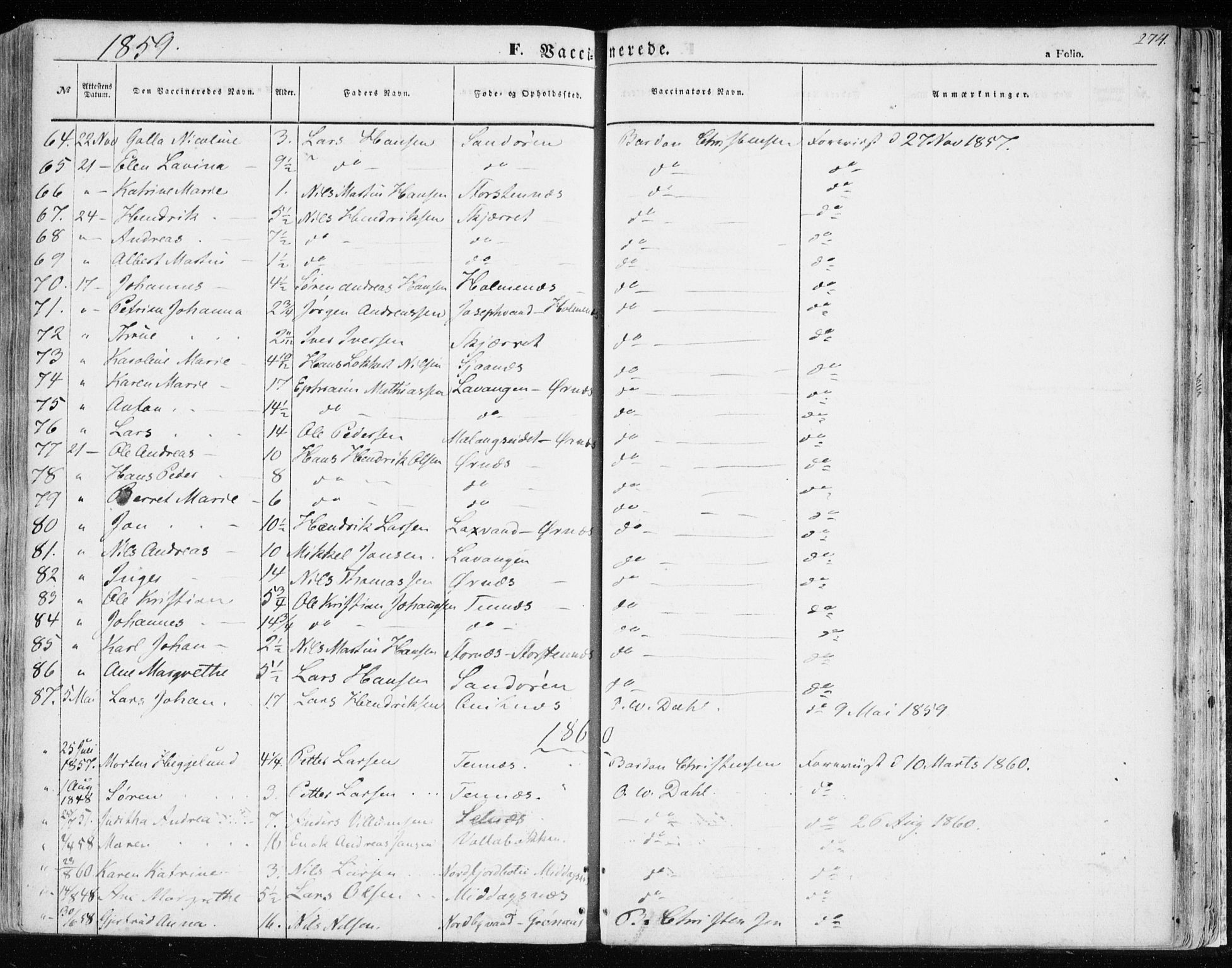 Balsfjord sokneprestembete, SATØ/S-1303/G/Ga/L0003kirke: Parish register (official) no. 3, 1856-1870, p. 274