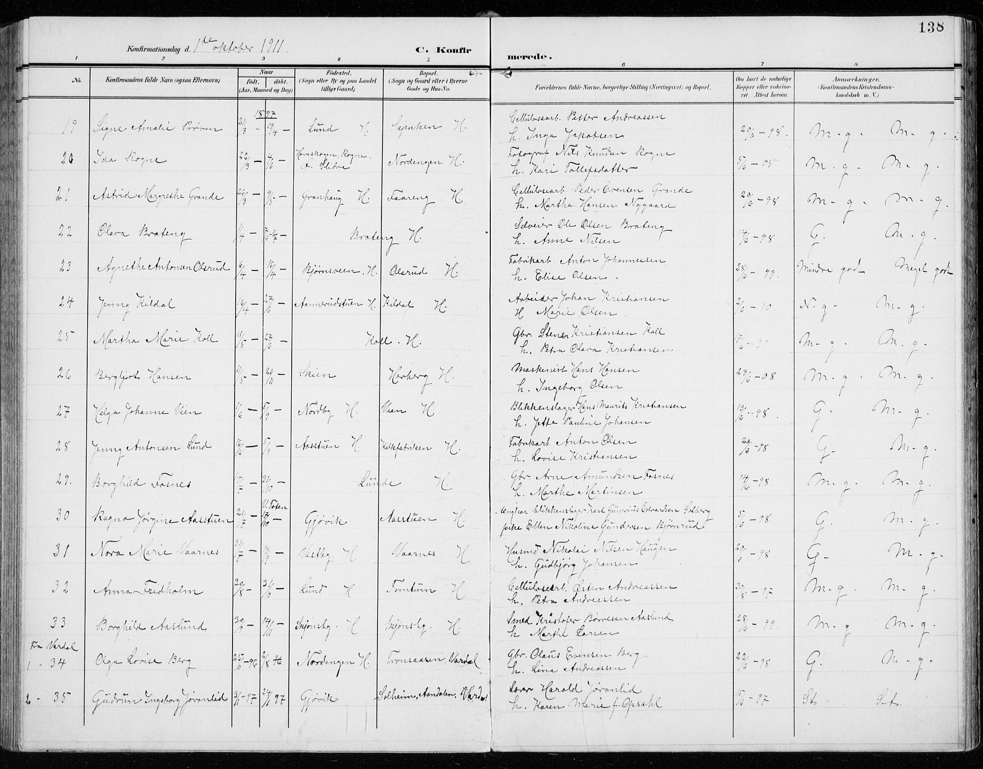 Vardal prestekontor, AV/SAH-PREST-100/H/Ha/Haa/L0016: Parish register (official) no. 16, 1904-1916, p. 138