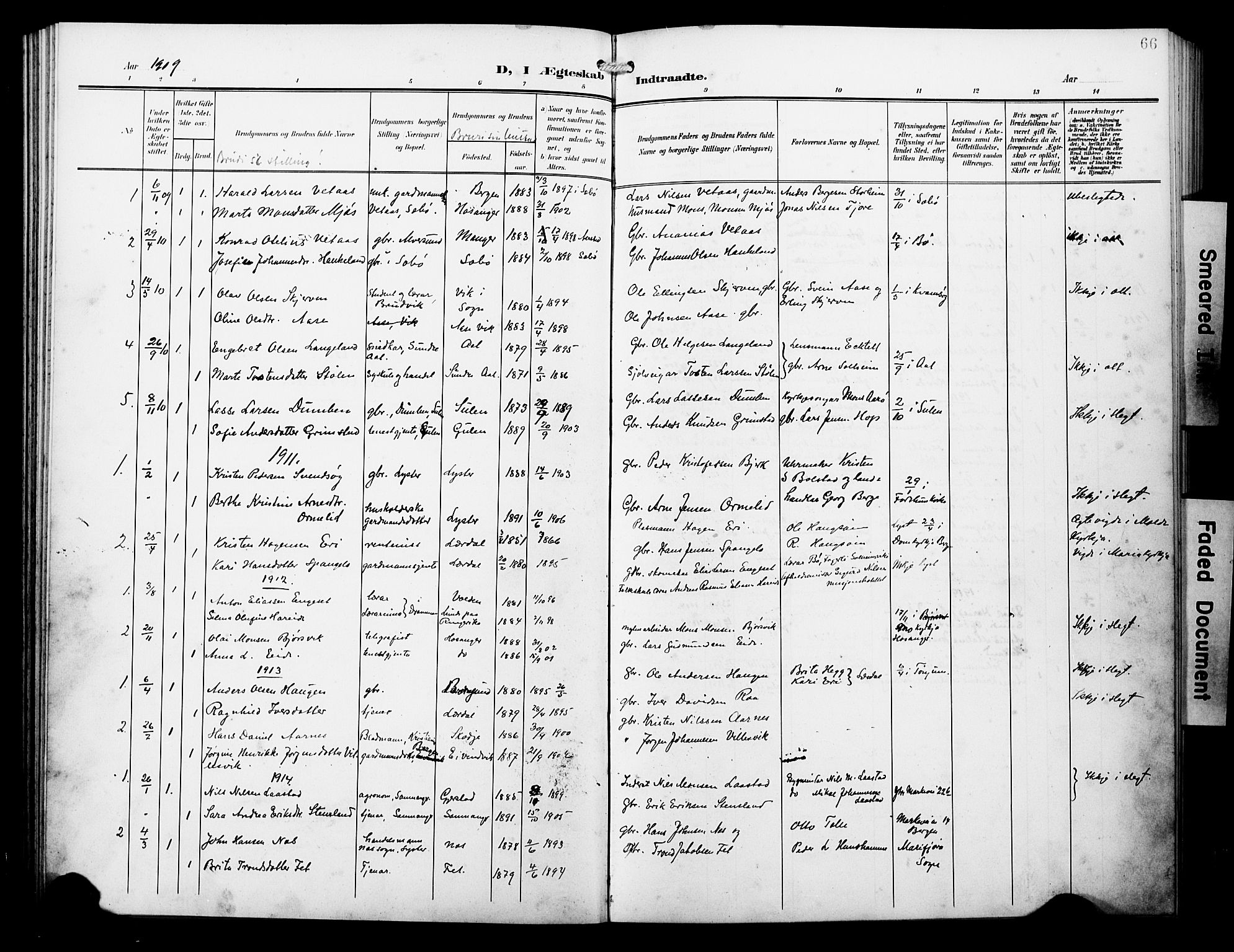 Arkivreferanse mangler*, SAB/-: Parish register (official) no. A 1, 1907-1928, p. 66