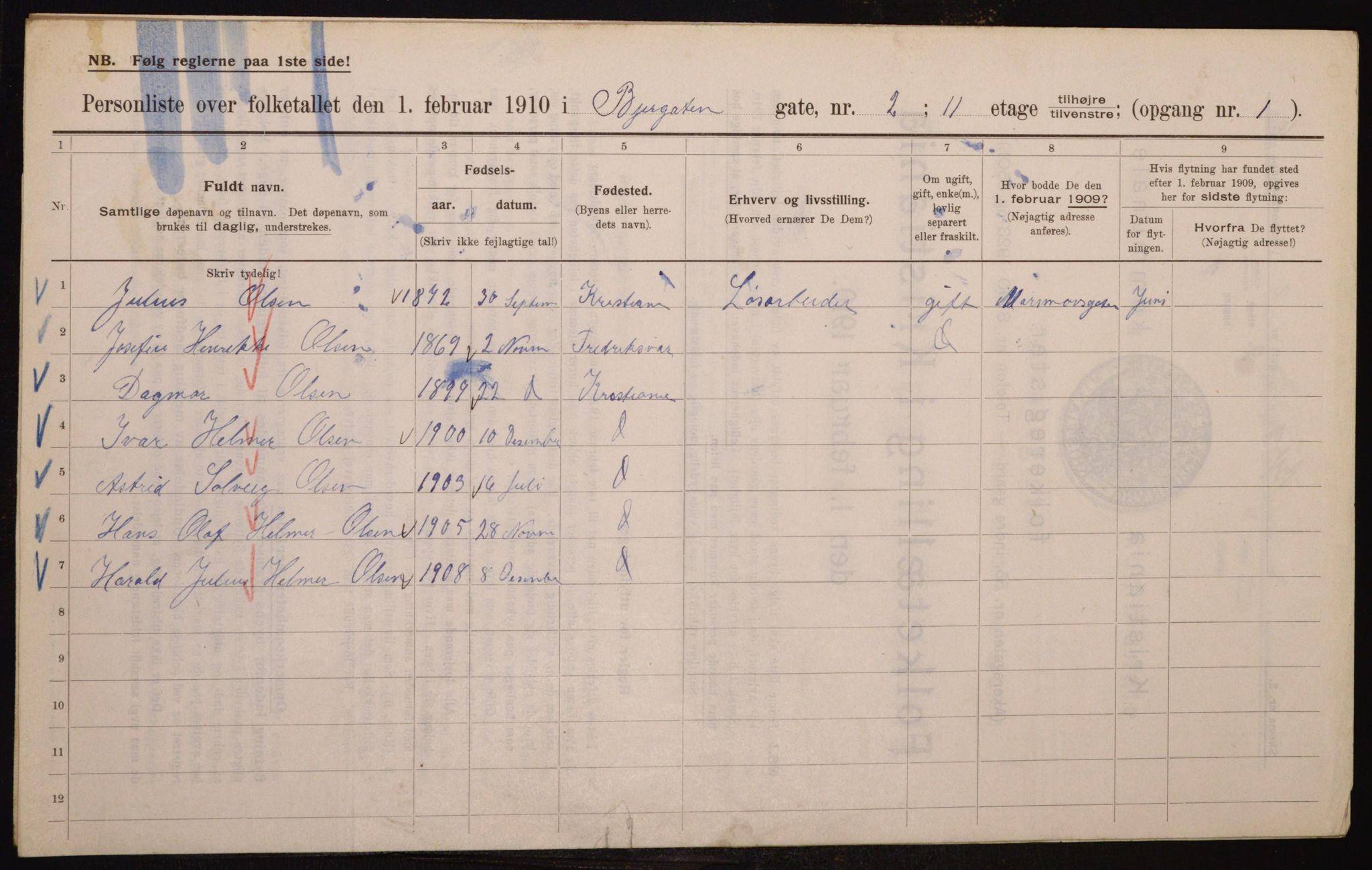 OBA, Municipal Census 1910 for Kristiania, 1910, p. 5268