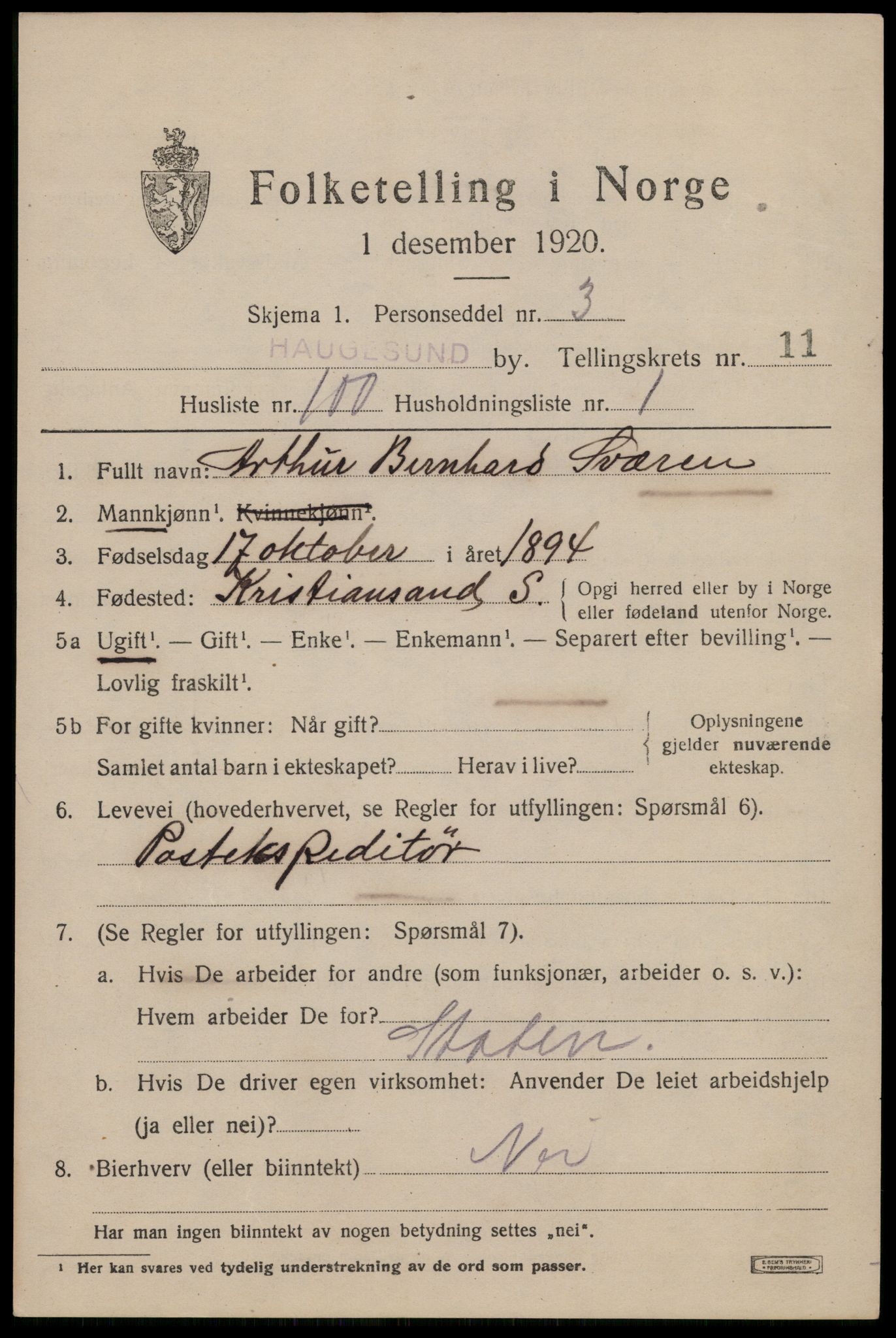 SAST, 1920 census for Haugesund, 1920, p. 37969