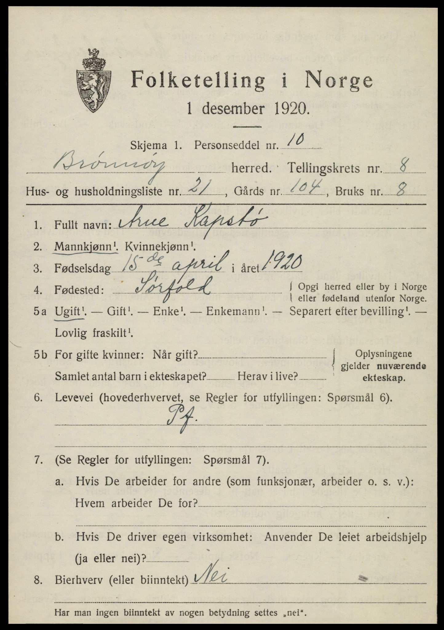 SAT, 1920 census for Brønnøy, 1920, p. 6162