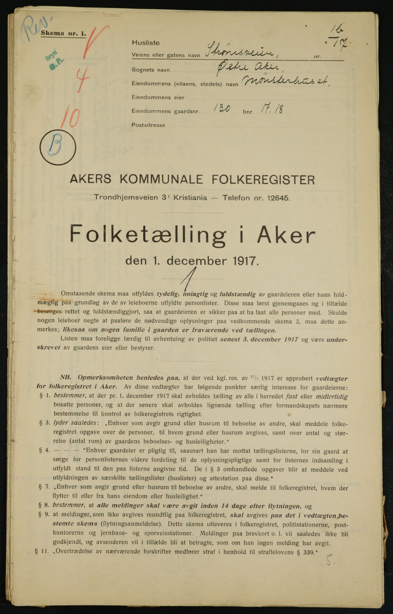 OBA, Municipal Census 1917 for Aker, 1917, p. 25685