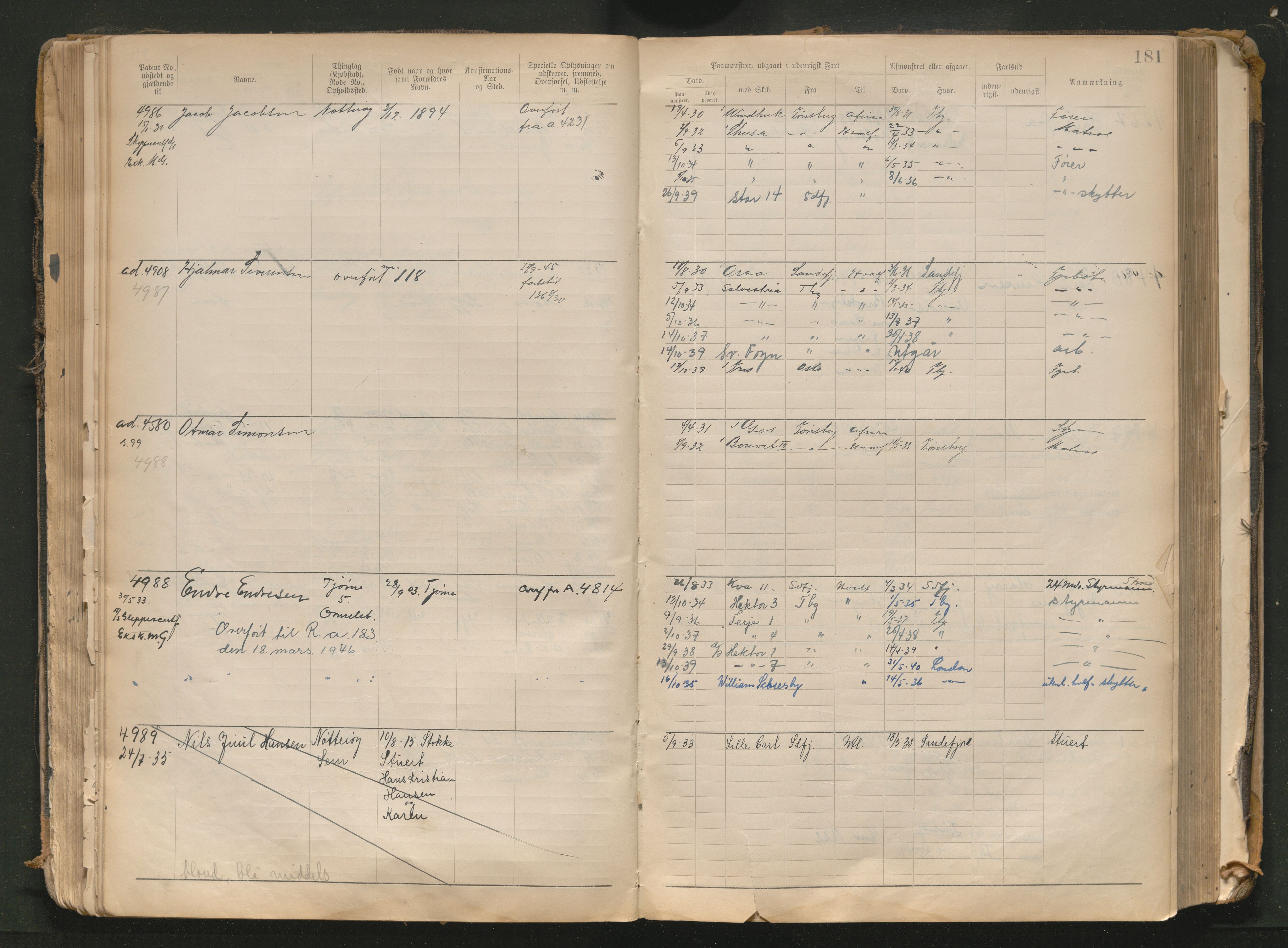 Tønsberg innrulleringskontor, AV/SAKO-A-786/F/Fb/L0010: Annotasjonsrulle Patent nr. 4081-4988, 1911-1948, p. 181