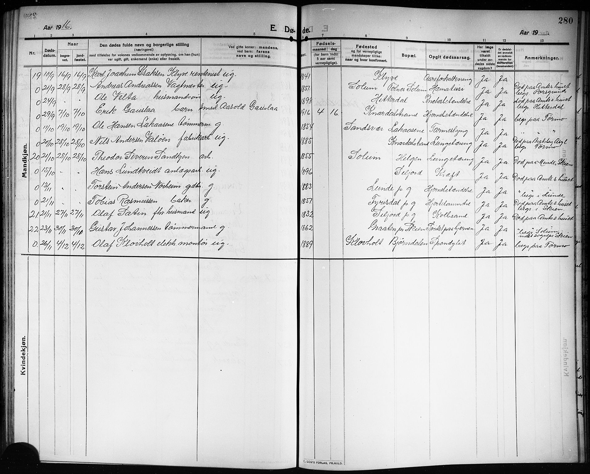 Solum kirkebøker, SAKO/A-306/G/Ga/L0009: Parish register (copy) no. I 9, 1909-1922, p. 280
