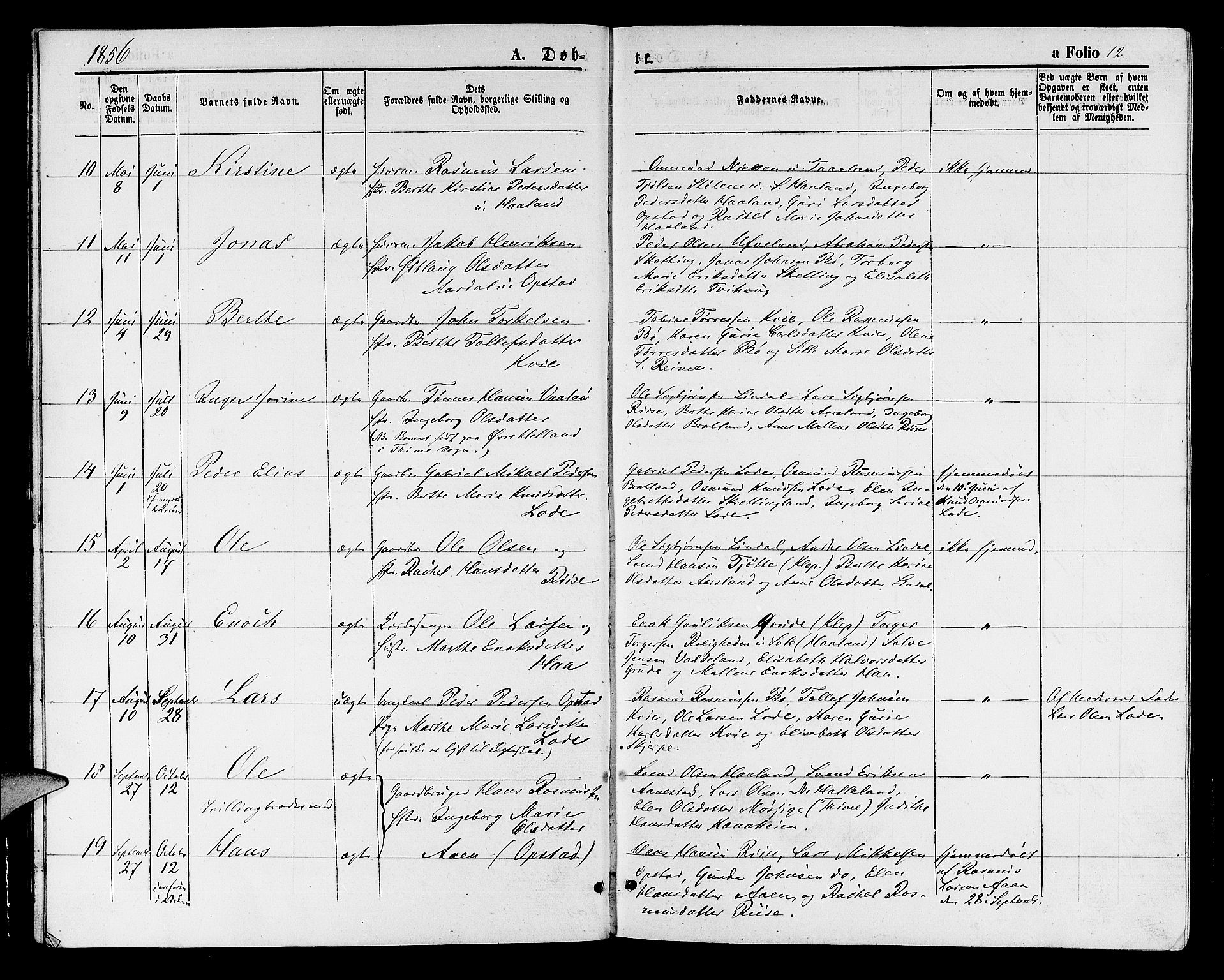 Hå sokneprestkontor, AV/SAST-A-101801/001/30BB/L0001: Parish register (copy) no. B 1, 1854-1883, p. 12