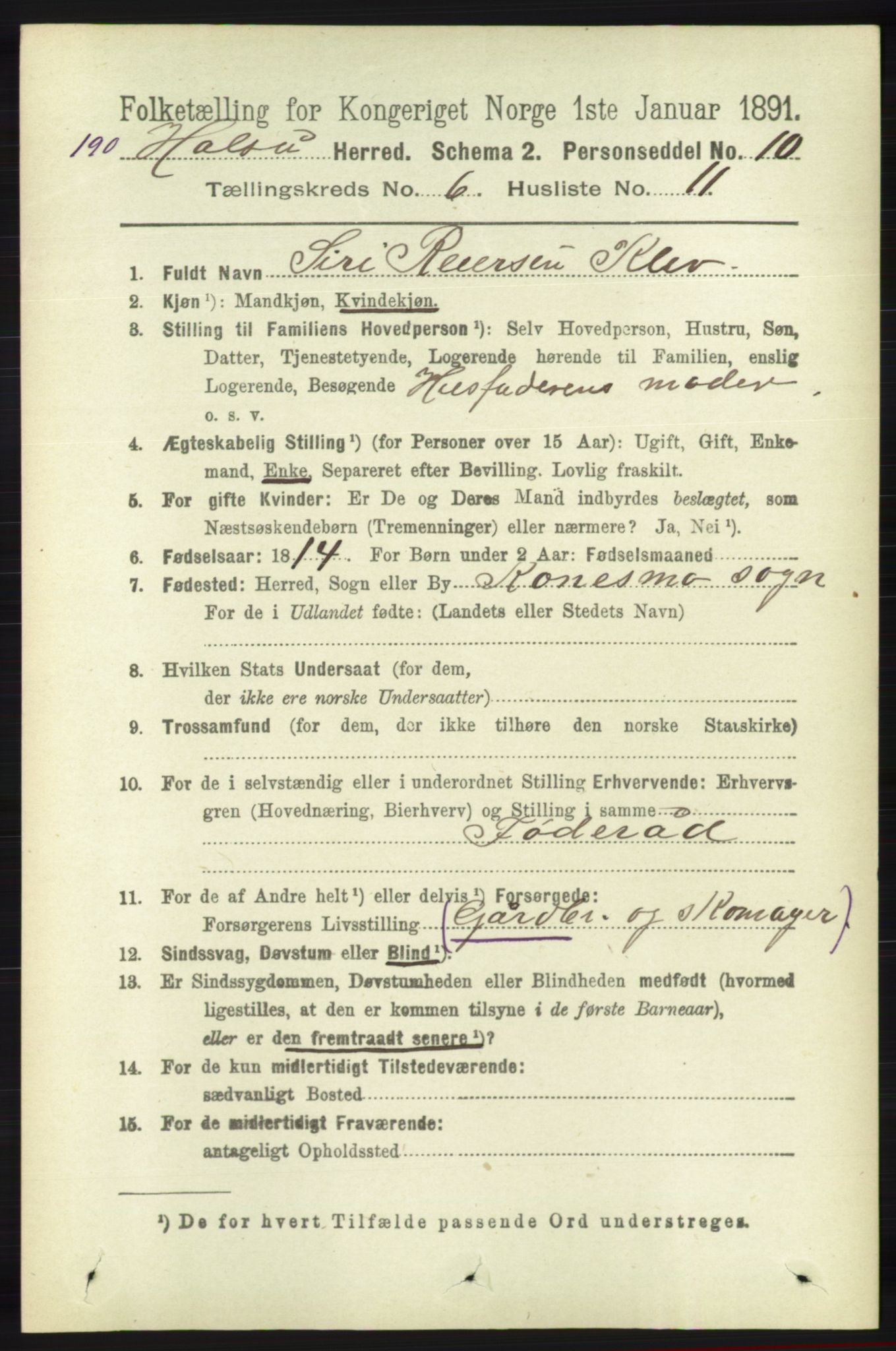 RA, 1891 census for 1019 Halse og Harkmark, 1891, p. 2438