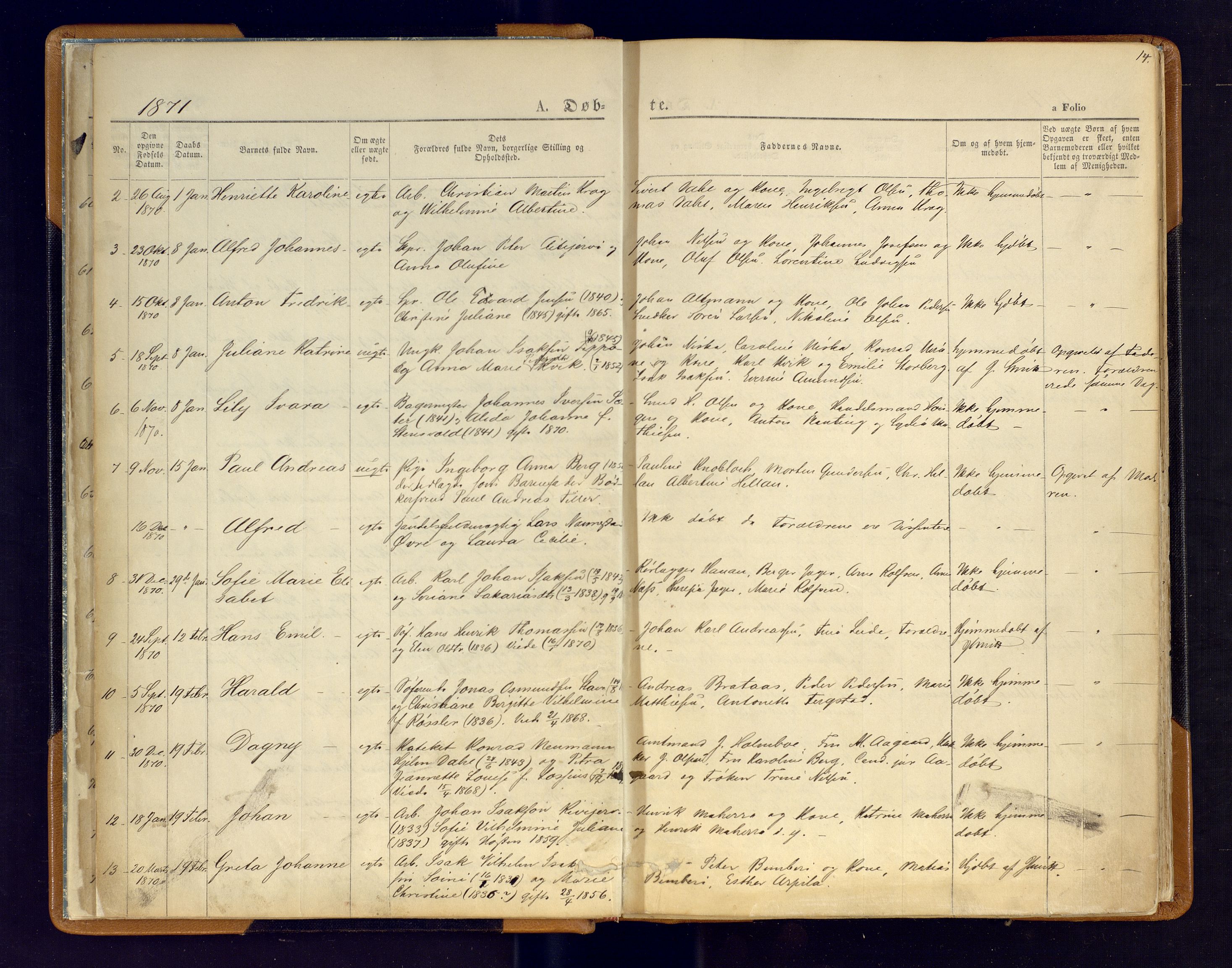Hammerfest sokneprestkontor, AV/SATØ-S-1347/H/Ha/L0006.kirke: Parish register (official) no. 6, 1869-1877, p. 14
