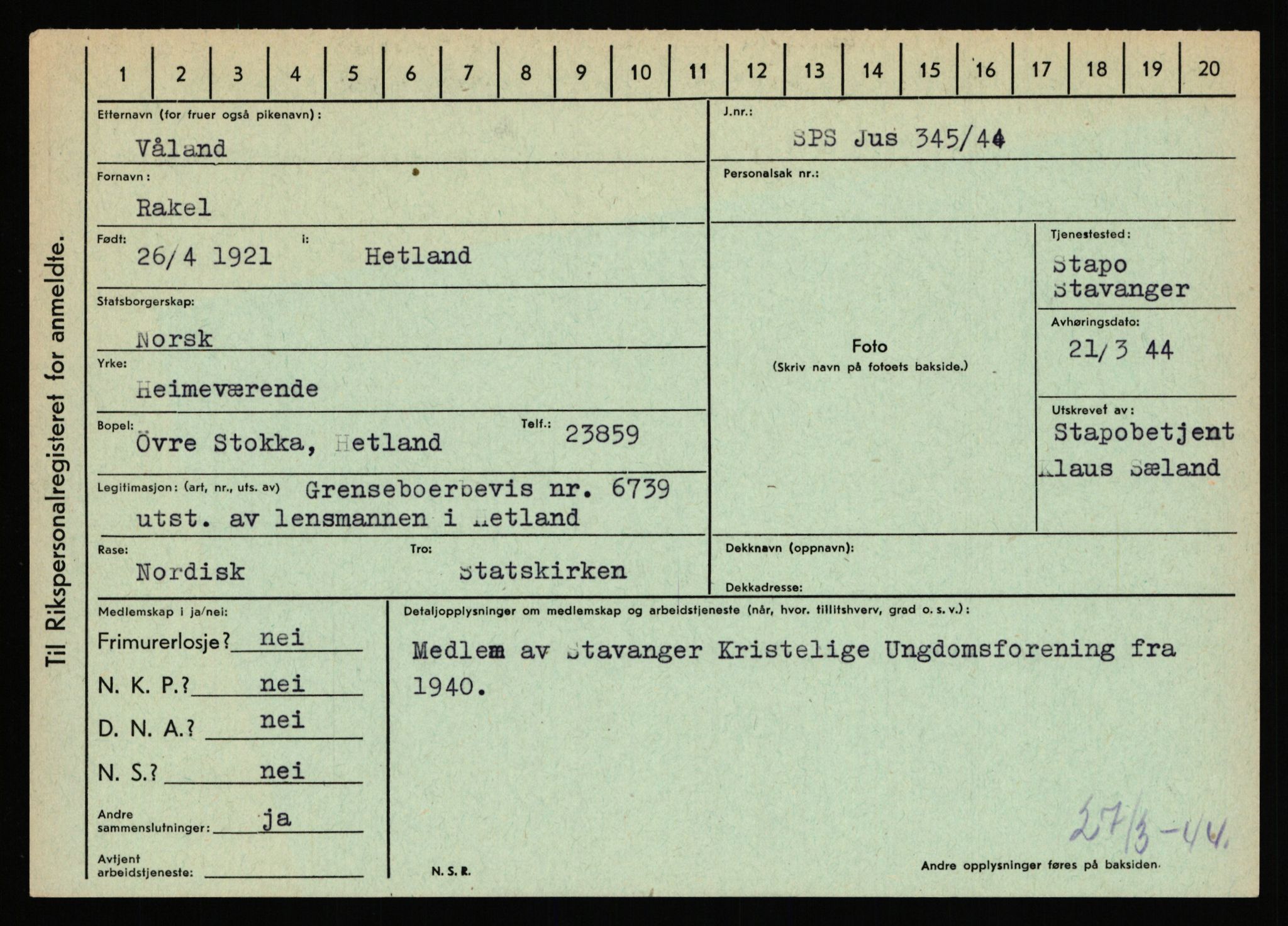 Statspolitiet - Hovedkontoret / Osloavdelingen, AV/RA-S-1329/C/Ca/L0016: Uberg - Øystese, 1943-1945, p. 465